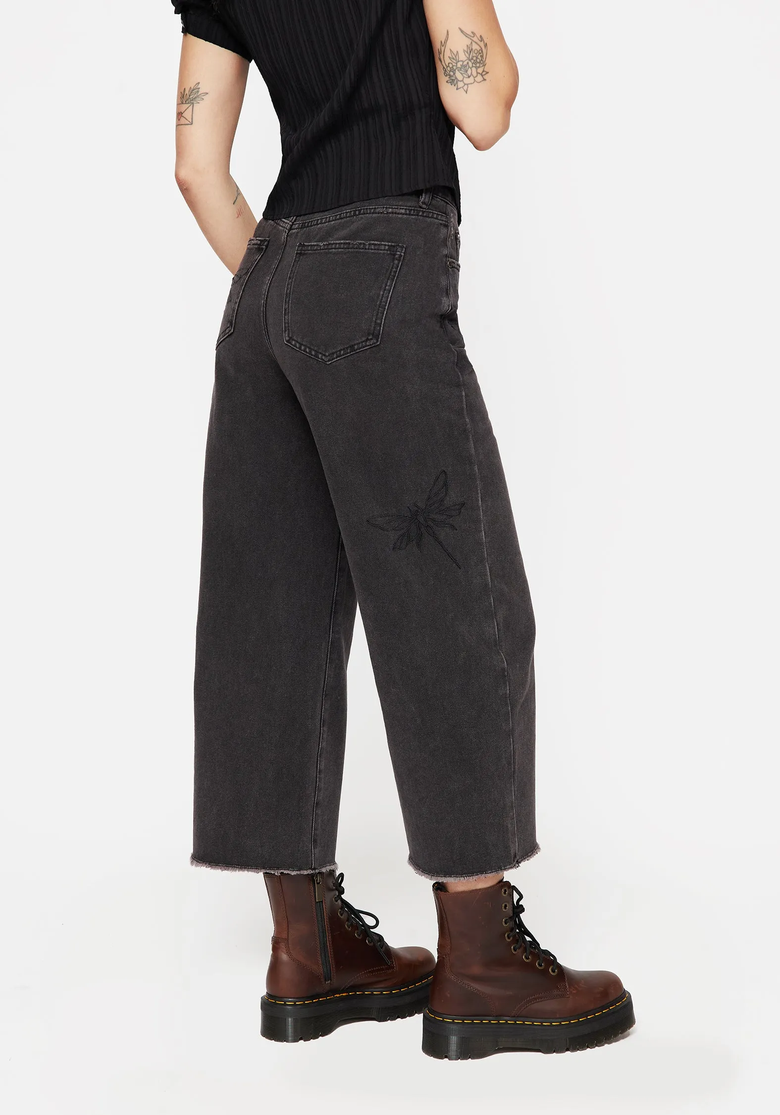 Dragonfly Embroidered Wide Leg Denim Culotte Jeans Soft Lining