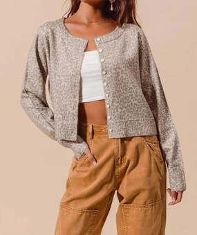Leopard Print Button Up Cardigan In Vintage Oatmeal Breathable knit