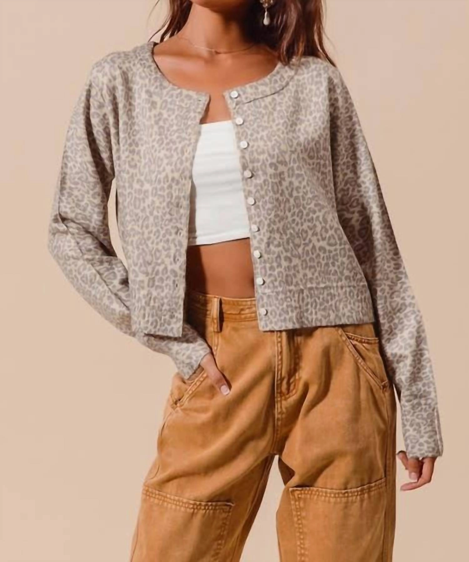 Stylish Comfort Leopard Print Button Up Cardigan In Vintage Oatmeal