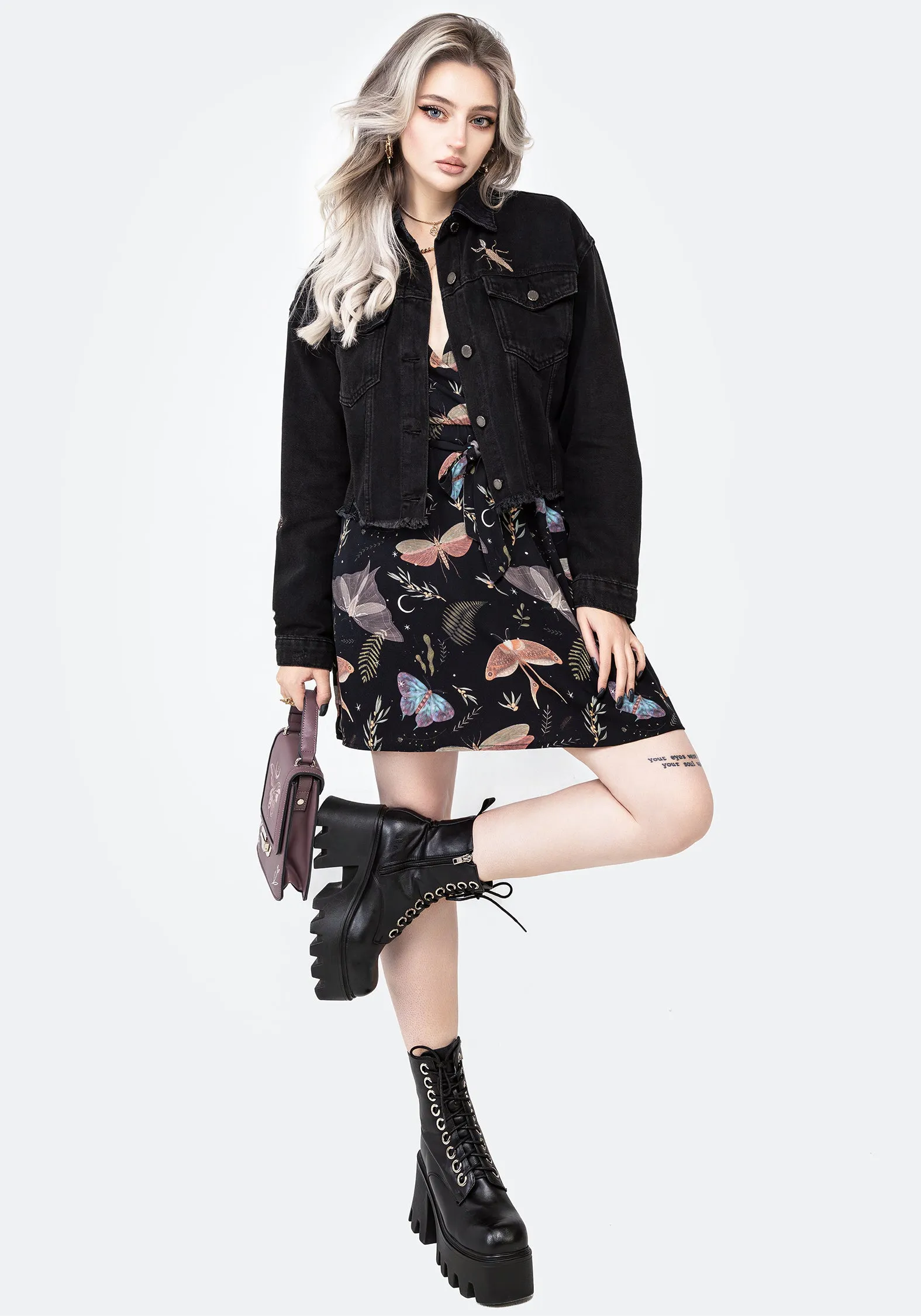Griffinfly Embroidered Distressed Denim Jacket FleeceLined