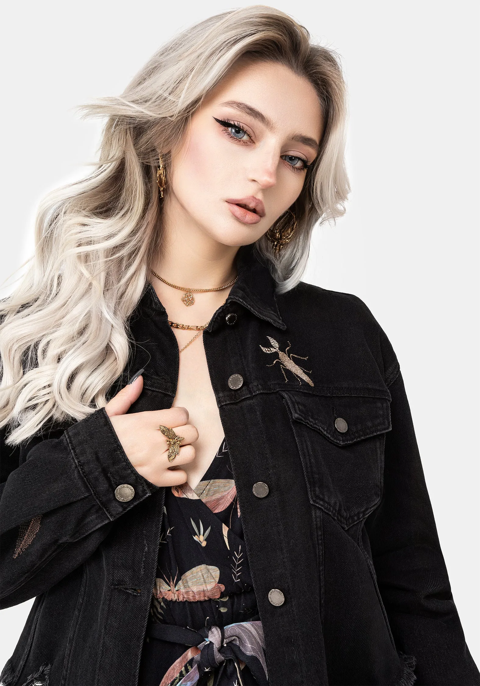 Recycled Material Griffinfly Embroidered Distressed Denim Jacket