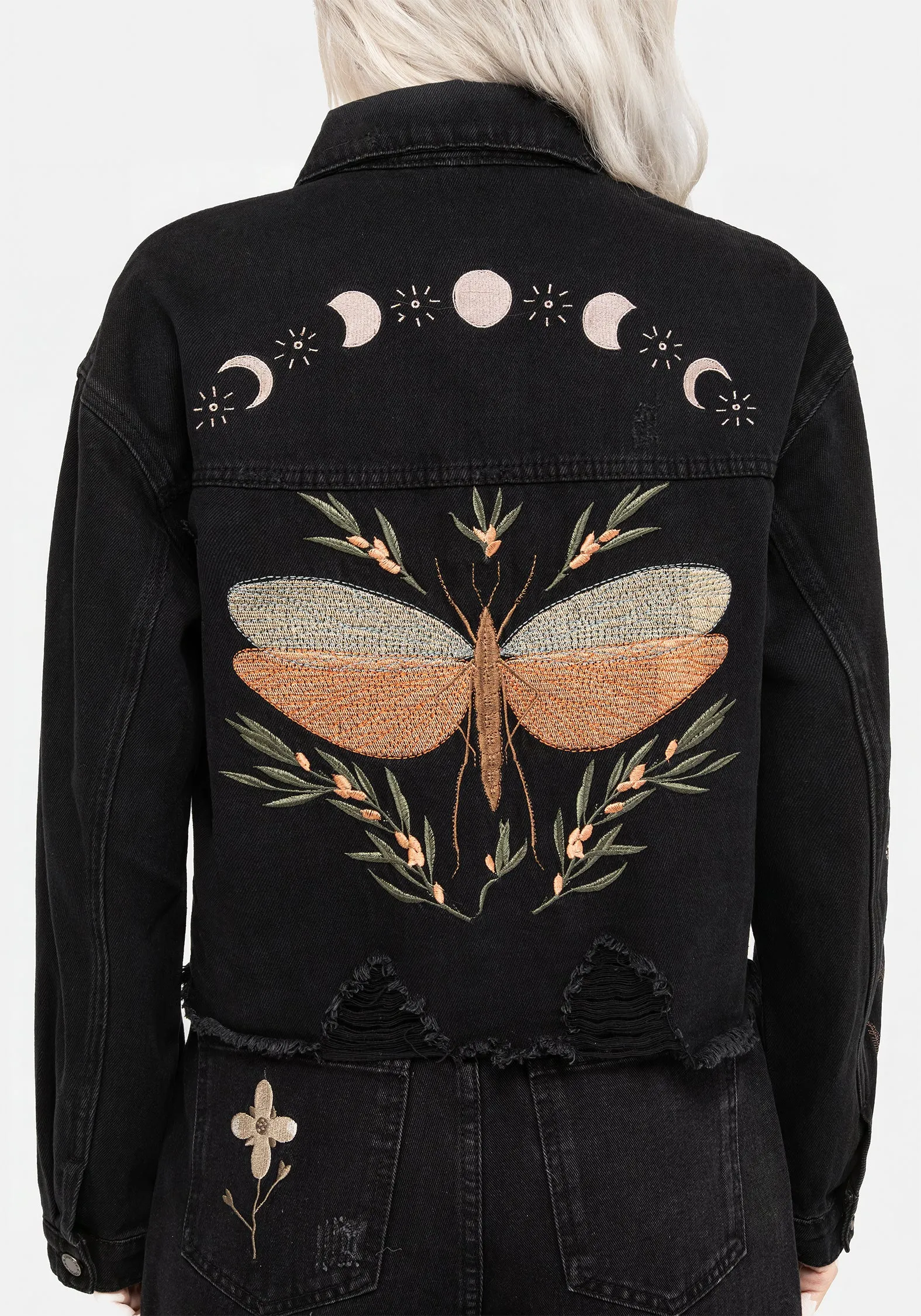 Modern Functional Design Travel Commuter Layer Griffinfly Embroidered Distressed Denim Jacket