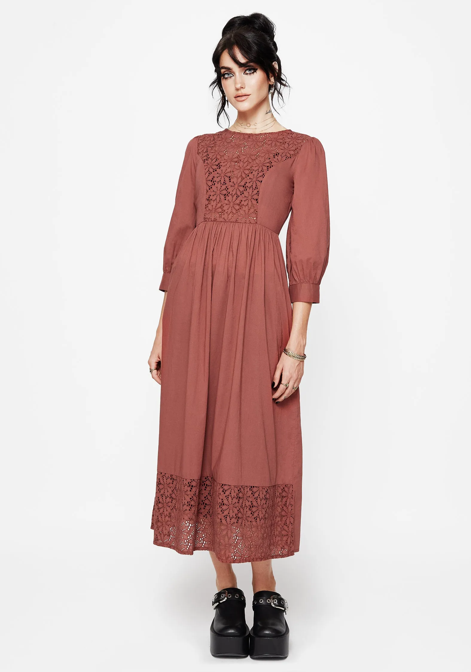 Breathable Material Satin-Finish Cavern Cotton Broderie Button Up Midaxi Dress