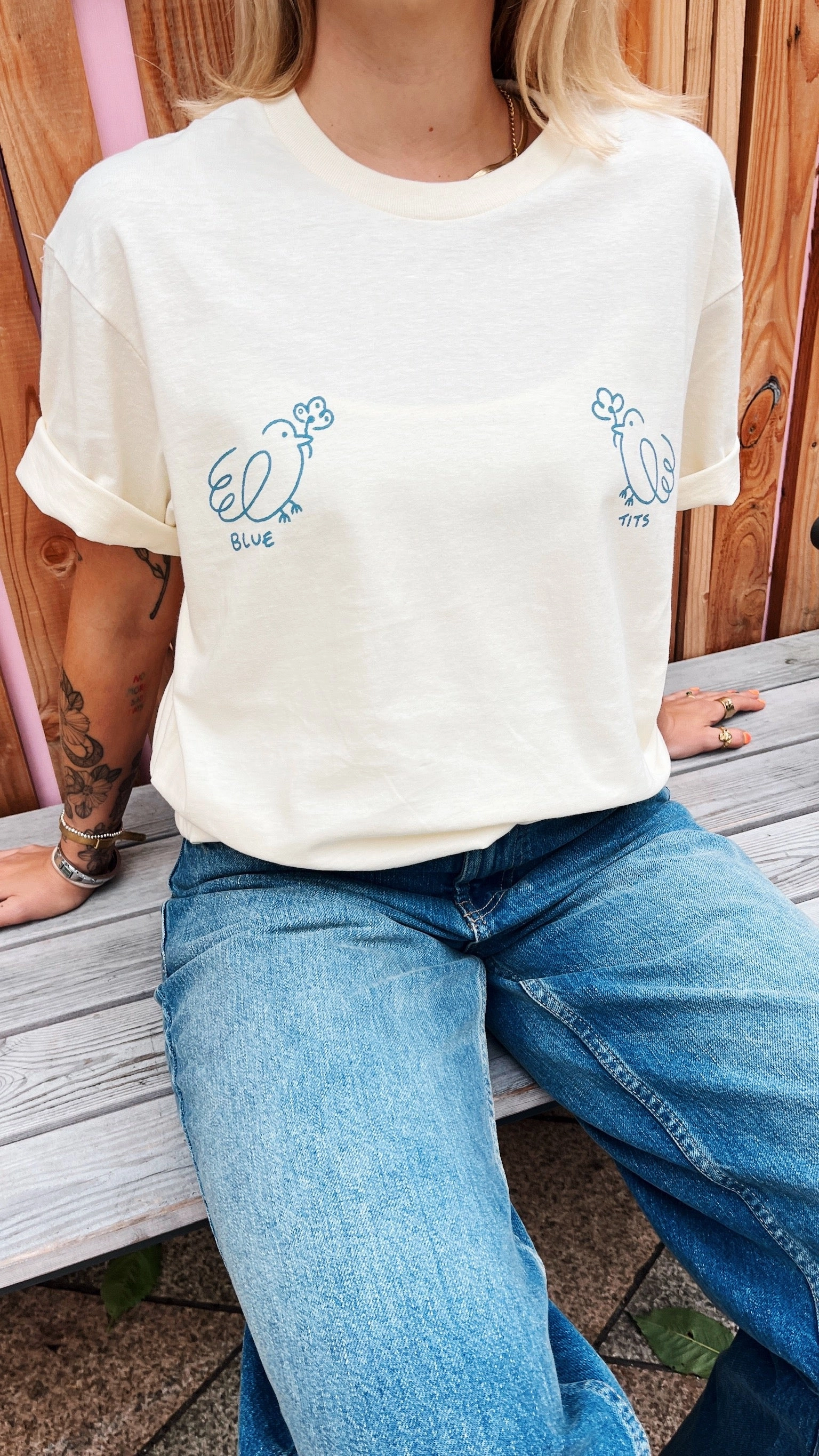 Other Side Store 'Blue Tits' Tee - Off White DropShoulderDesign Cool and casual