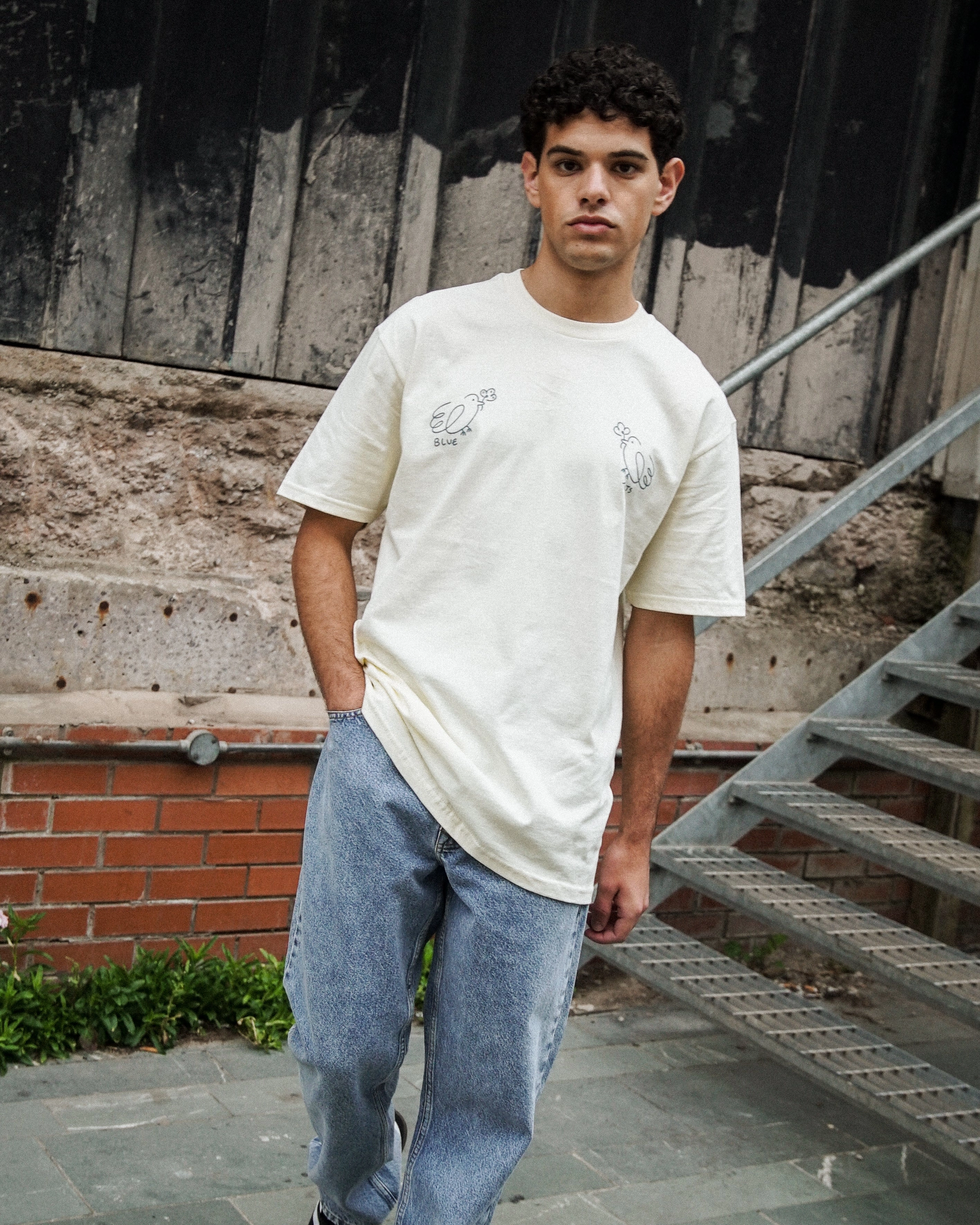 Eco friendly materials Other Side Store 'Blue Tits' Tee - Off White