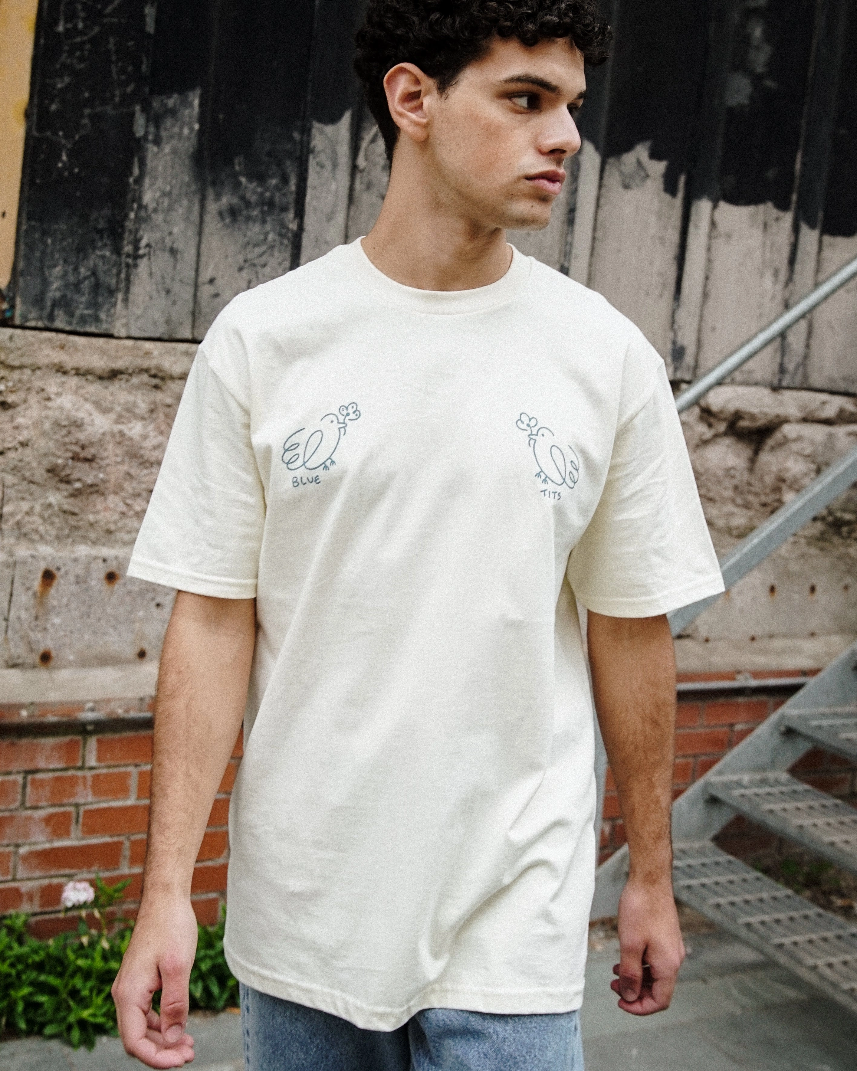 Other Side Store 'Blue Tits' Tee - Off White Casual Fit Ribbed Neckline