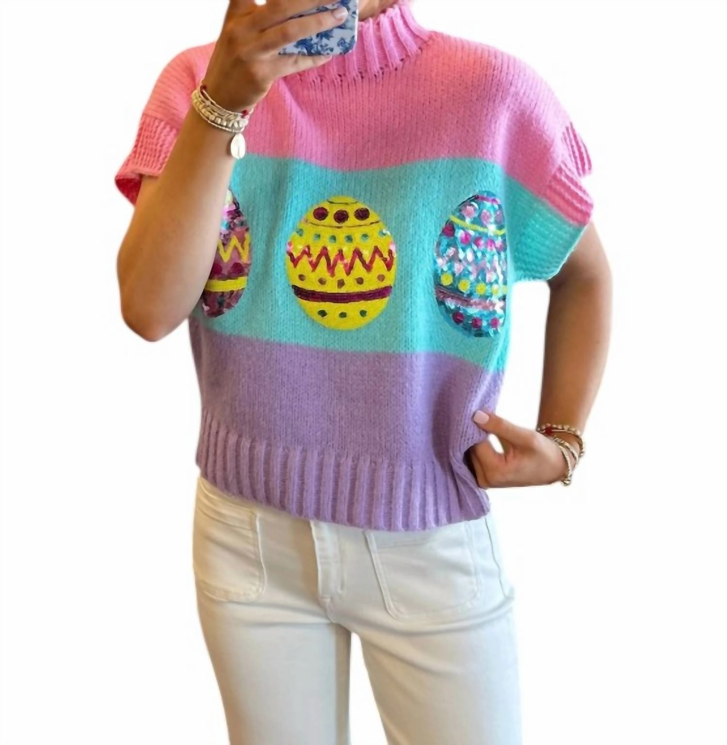 Soft and Warm Relaxed Wearable Easter Egg Sequin Top In Multi