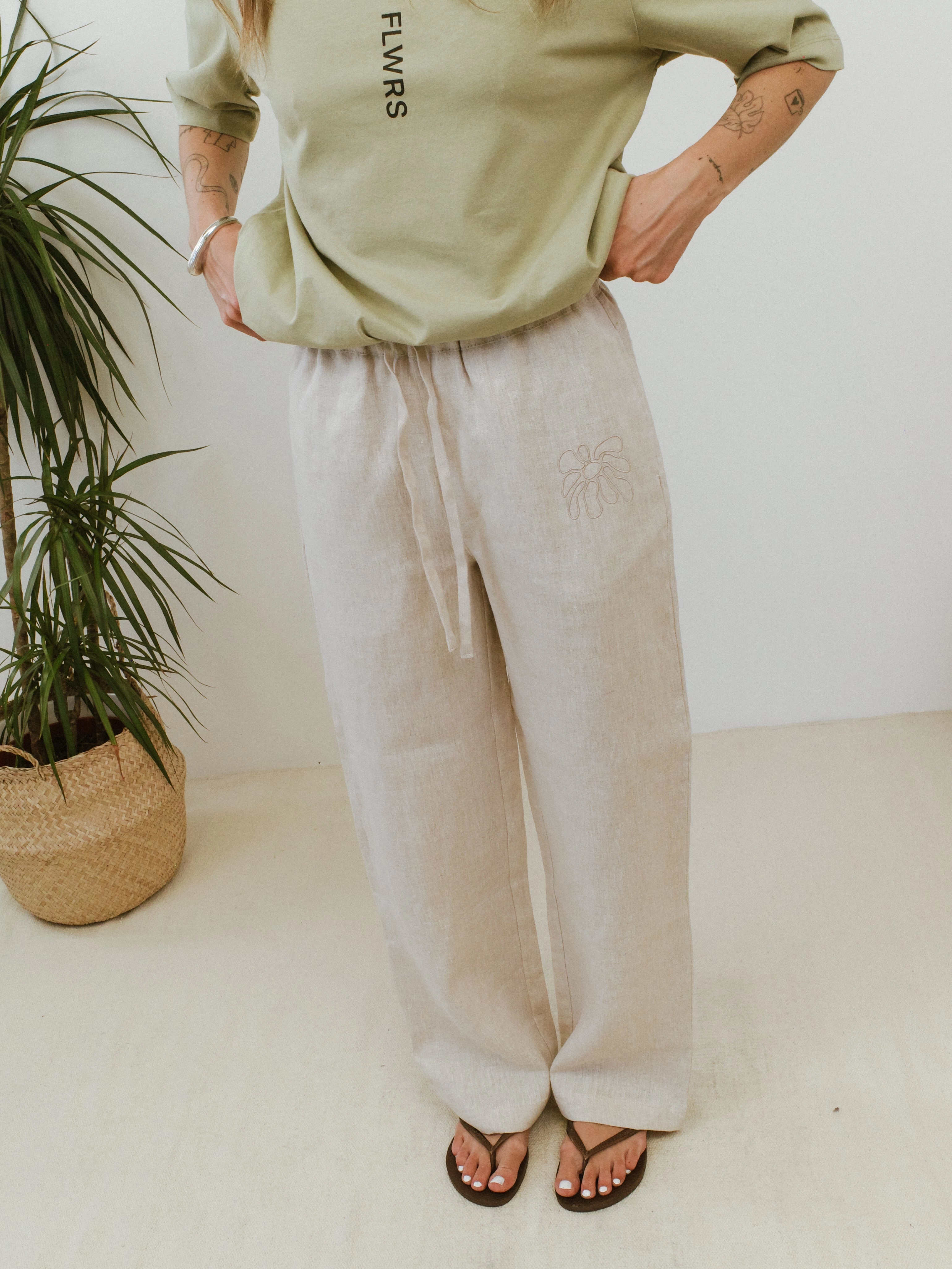 Tear Resistant FLWRS Embroidered Linen Trousers - Natural