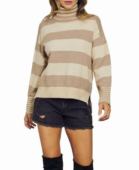 Knitted Comfort Cotton-Blend Multi-Stripe Turtleneck Sweater In Taupe