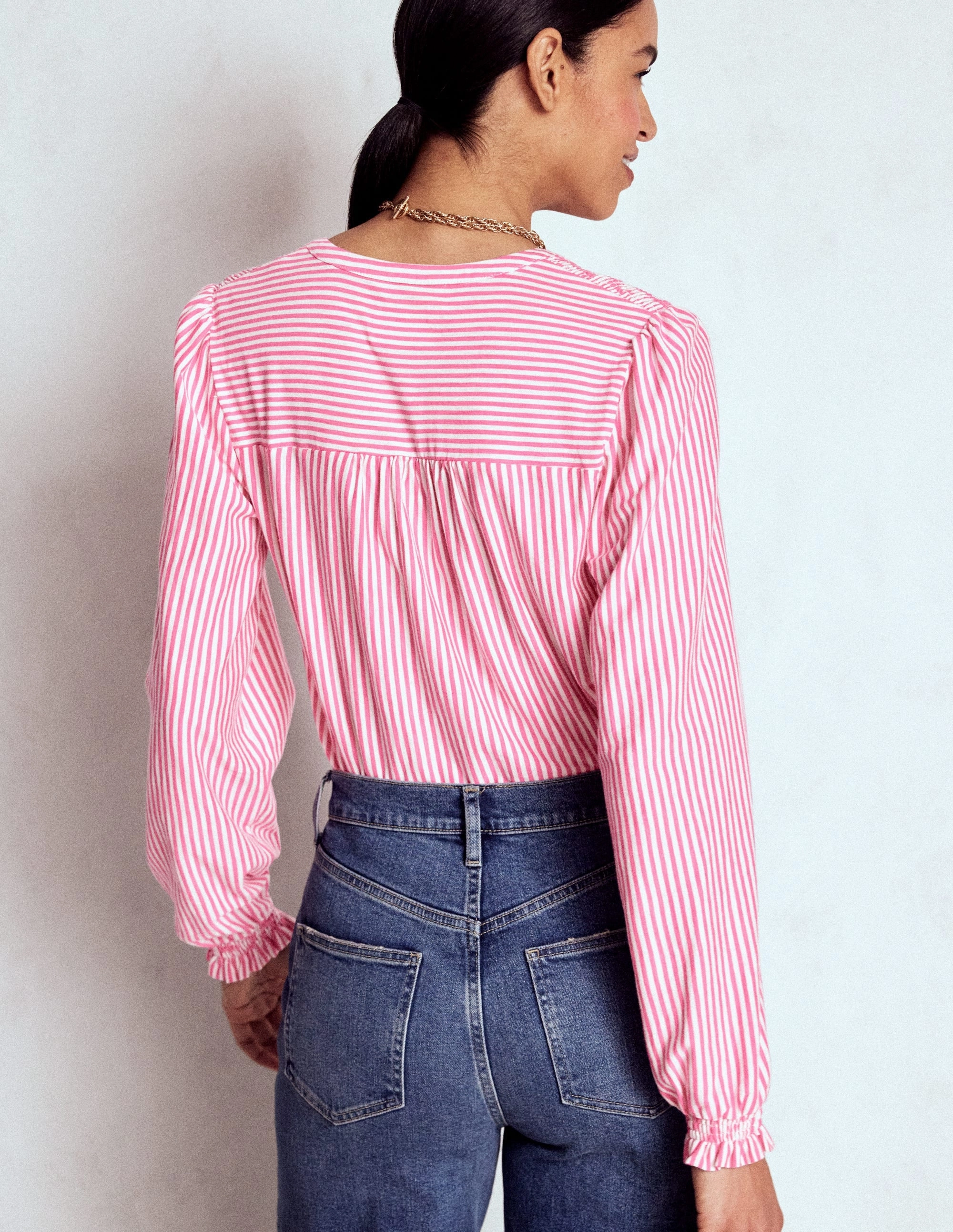 simple design EasyCareFabricBlend Elsa Smocked Yoke Jersey Shirt-Pink Ribbon Stripe