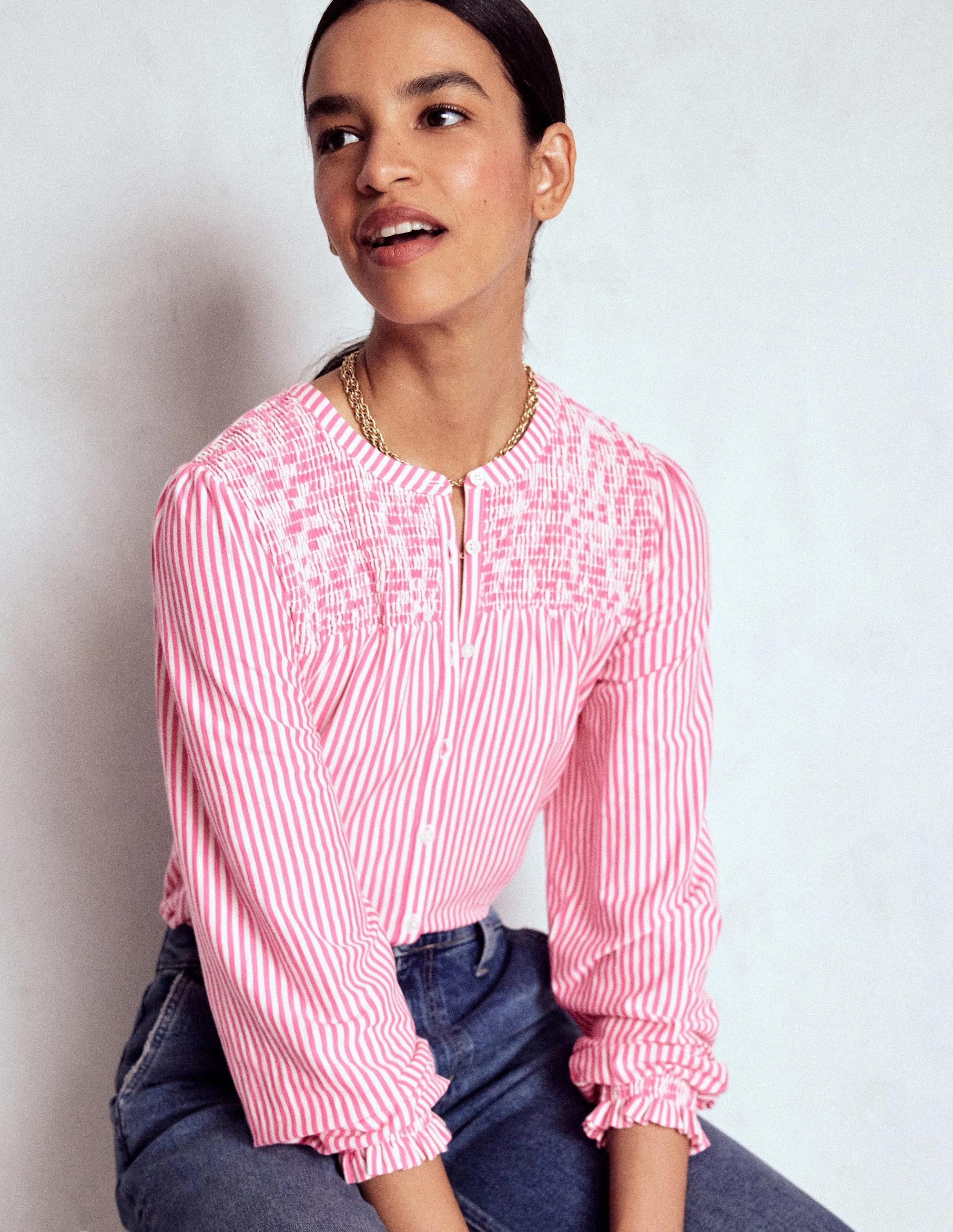 Summer Polo Bonded Hemline EasyCareFabricBlend Elsa Smocked Yoke Jersey Shirt-Pink Ribbon Stripe