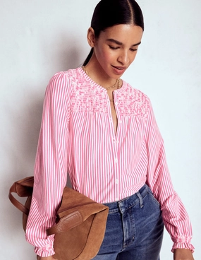 EasyCareFabricBlend Elsa Smocked Yoke Jersey Shirt-Pink Ribbon Stripe AntiFade Treatment