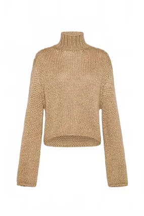 Women's Rollneck Knit Sweater In Brown Layered Knit