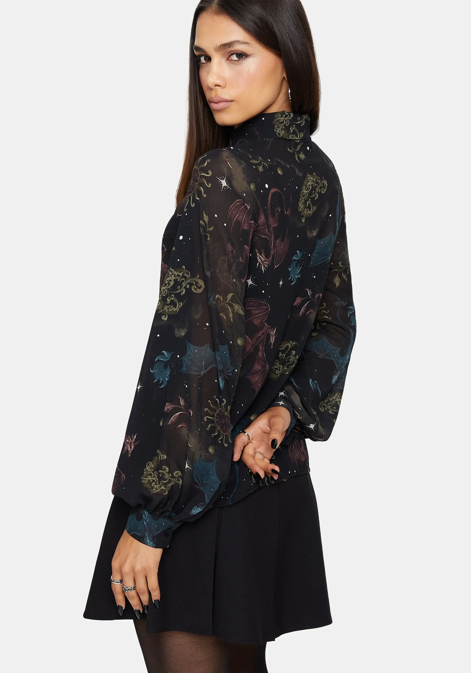 Phoenix Dragon Chiffon Blouse Neutral Shade Polka Dot