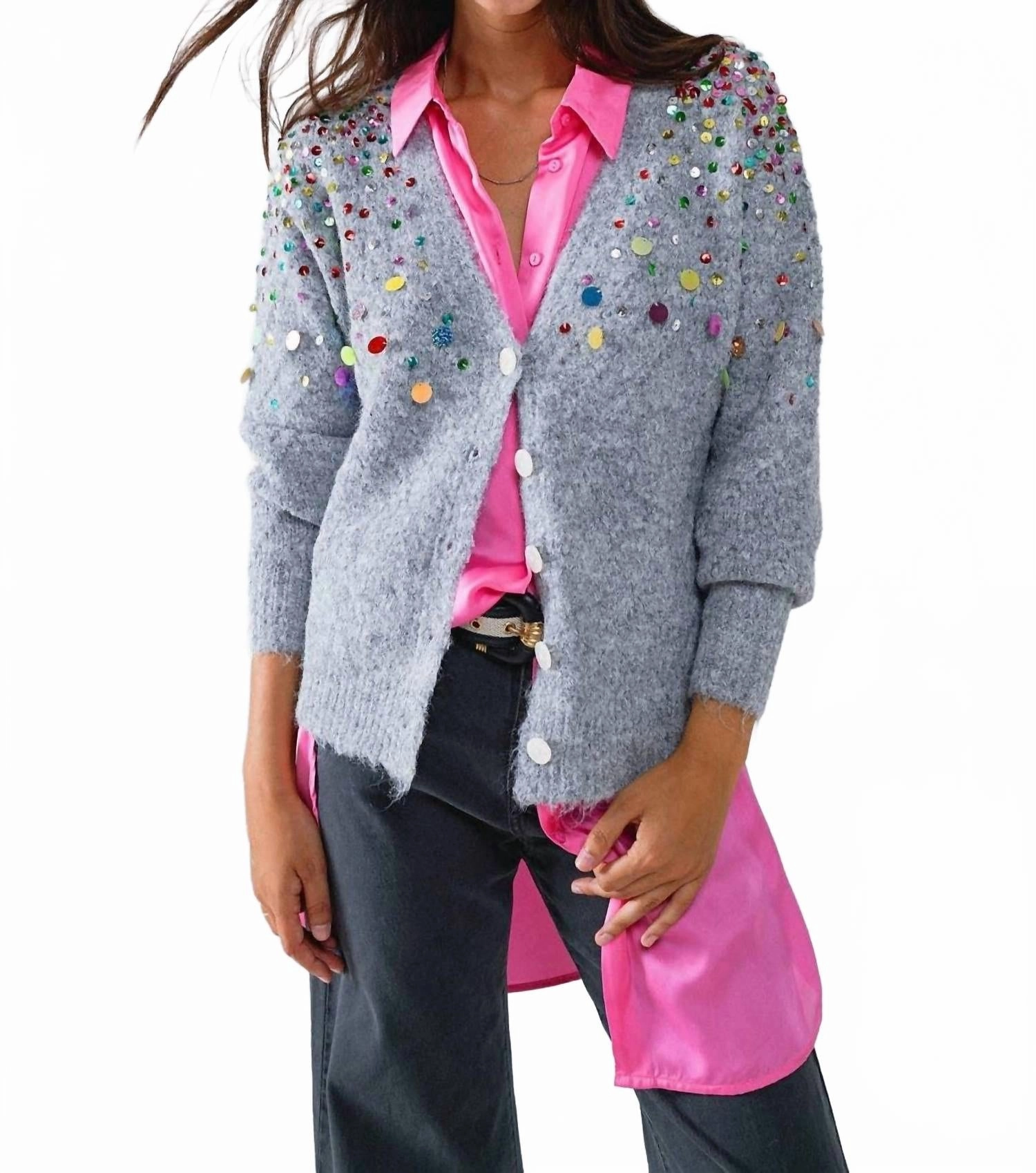 Ultimate Comfort Embroidered Sequins V-Neck Cardigan In Gray