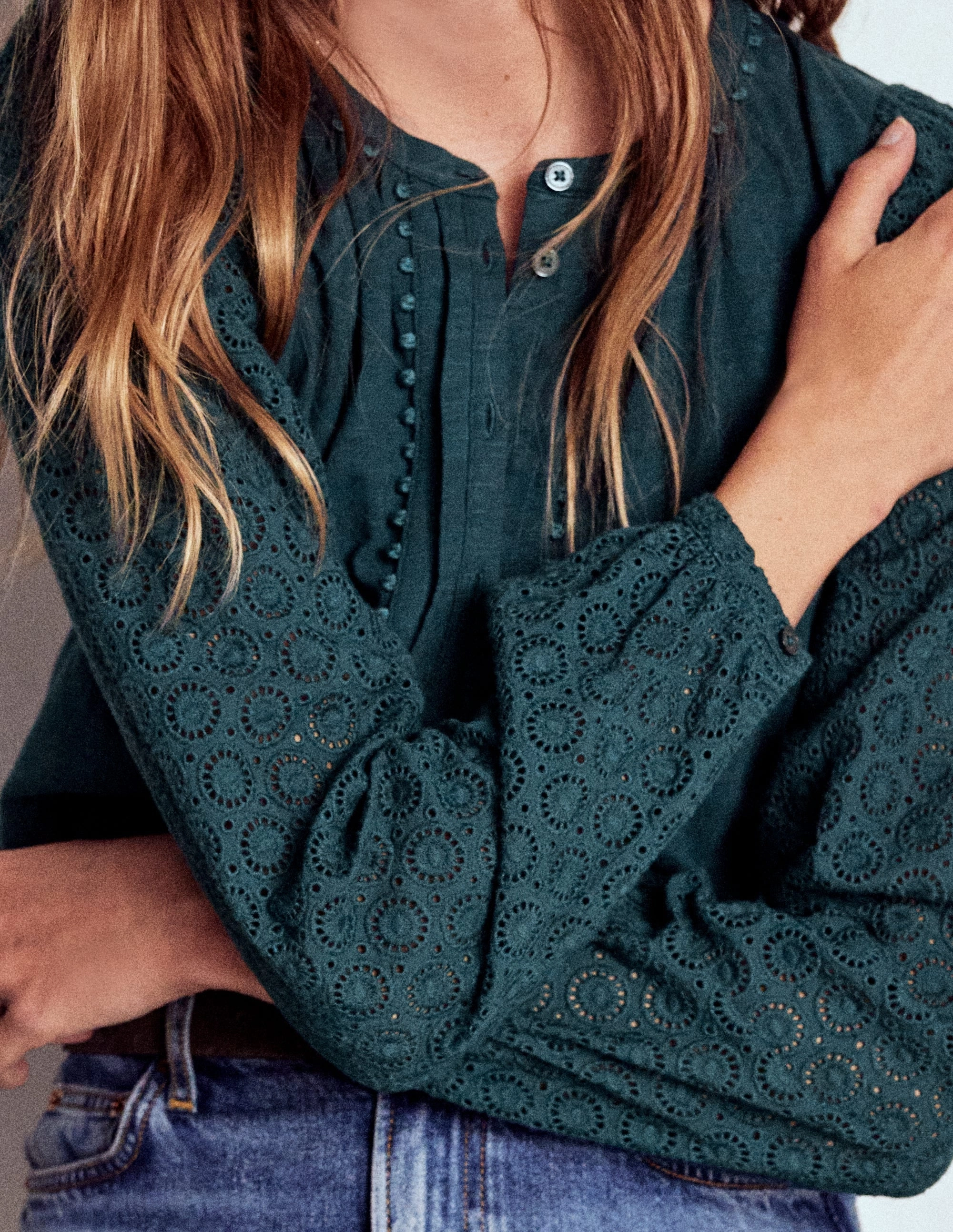 Eden Broderie Jersey Shirt-Midnight Teal Premium Material Curved Hemline UV Protection