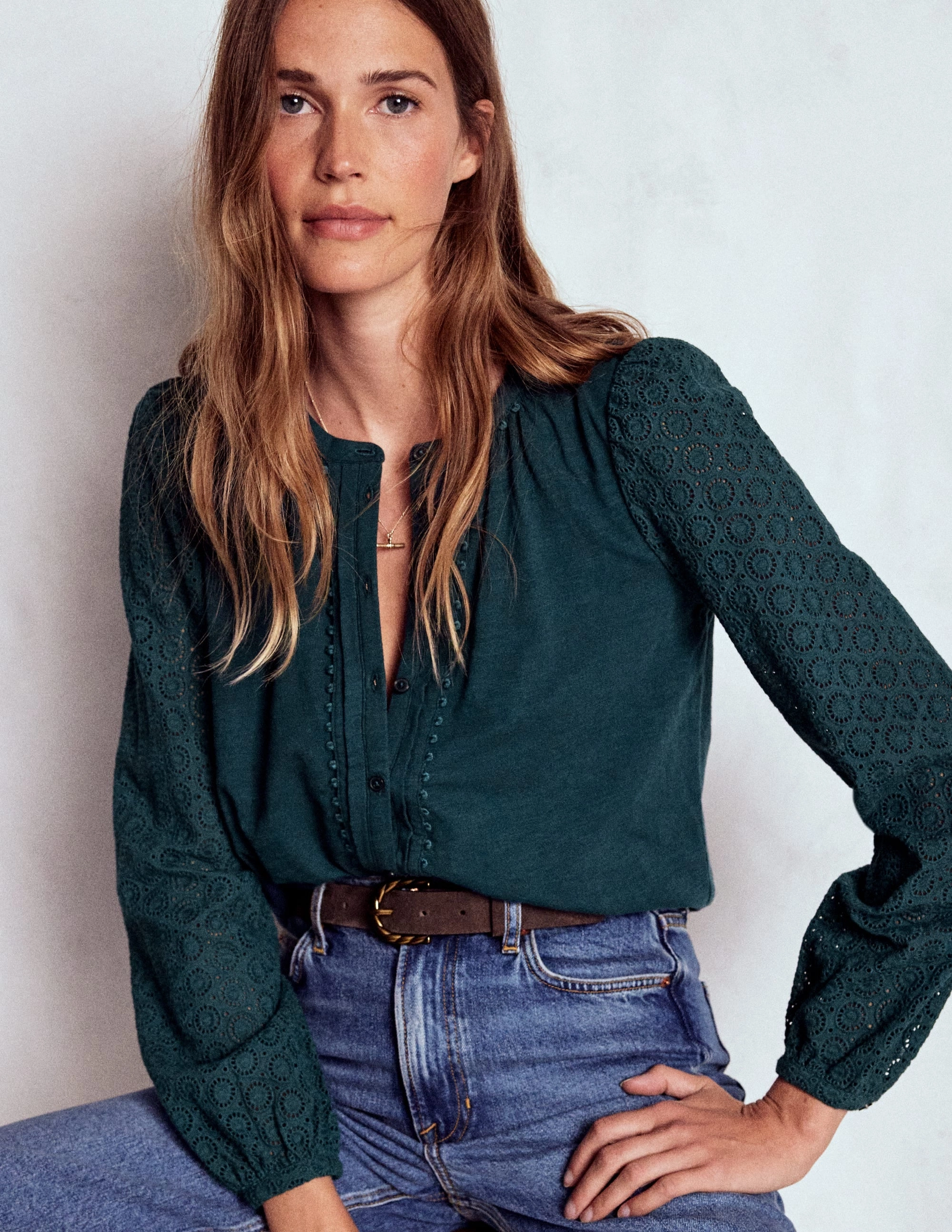 Eden Broderie Jersey Shirt-Midnight Teal Premium Material Quick-Dry Fabric Winter Wardrobe