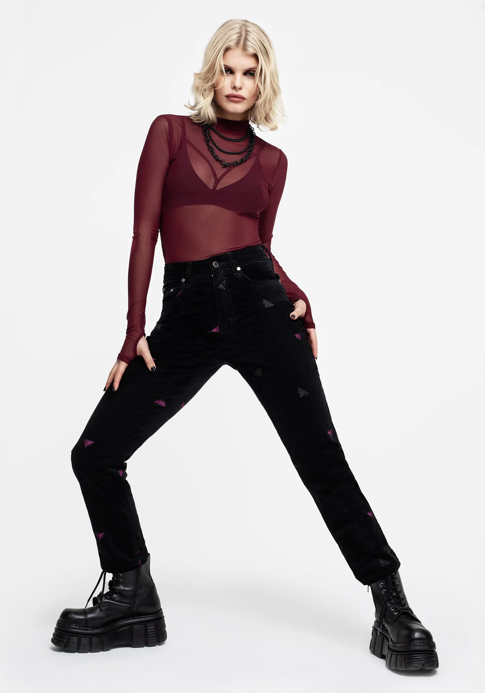 Styx Moth Embroidered Cord Trousers Morning Stroll Streetwear Fan Minimal Fit