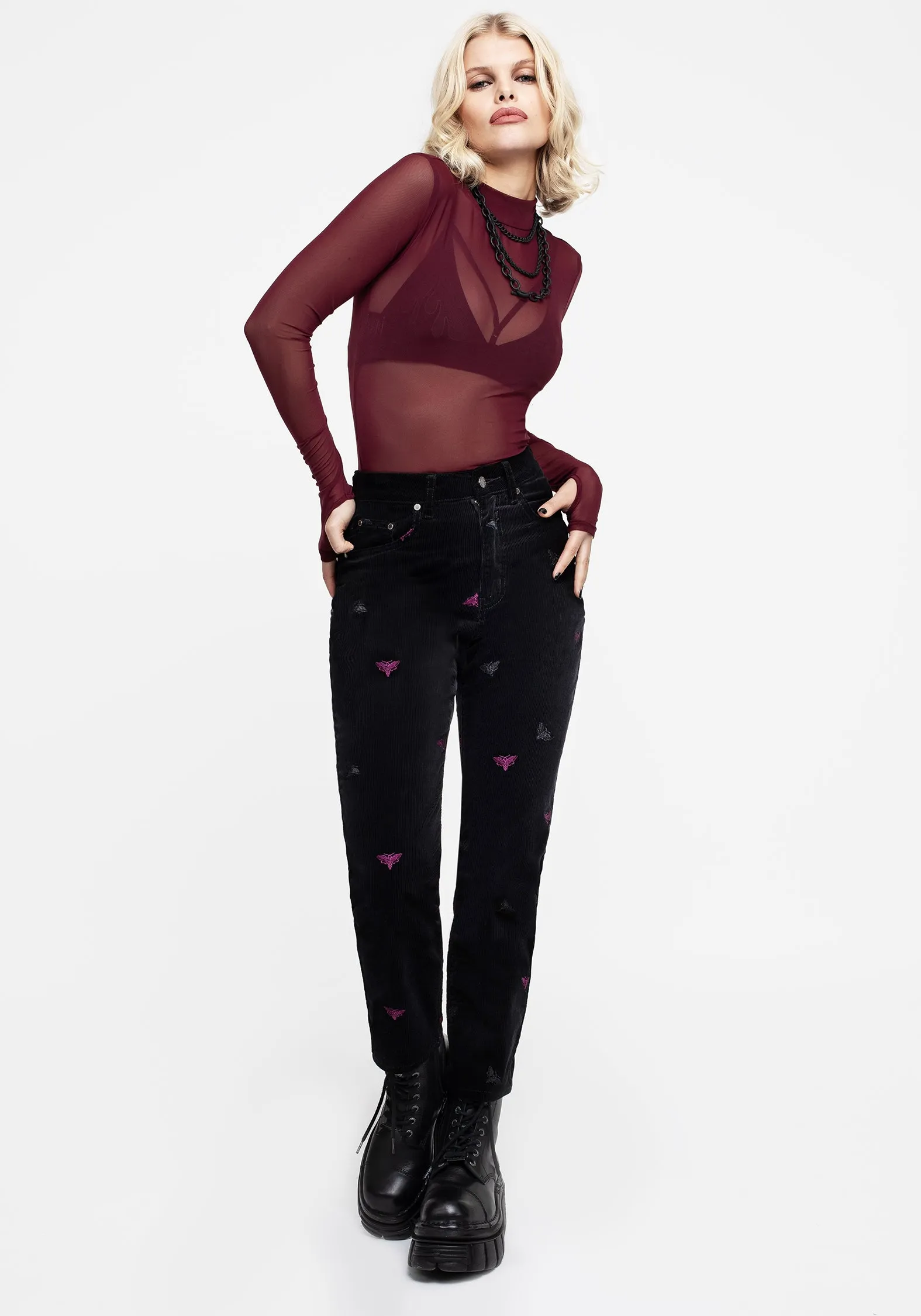 Iconic Outfit Easy Match Styx Moth Embroidered Cord Trousers
