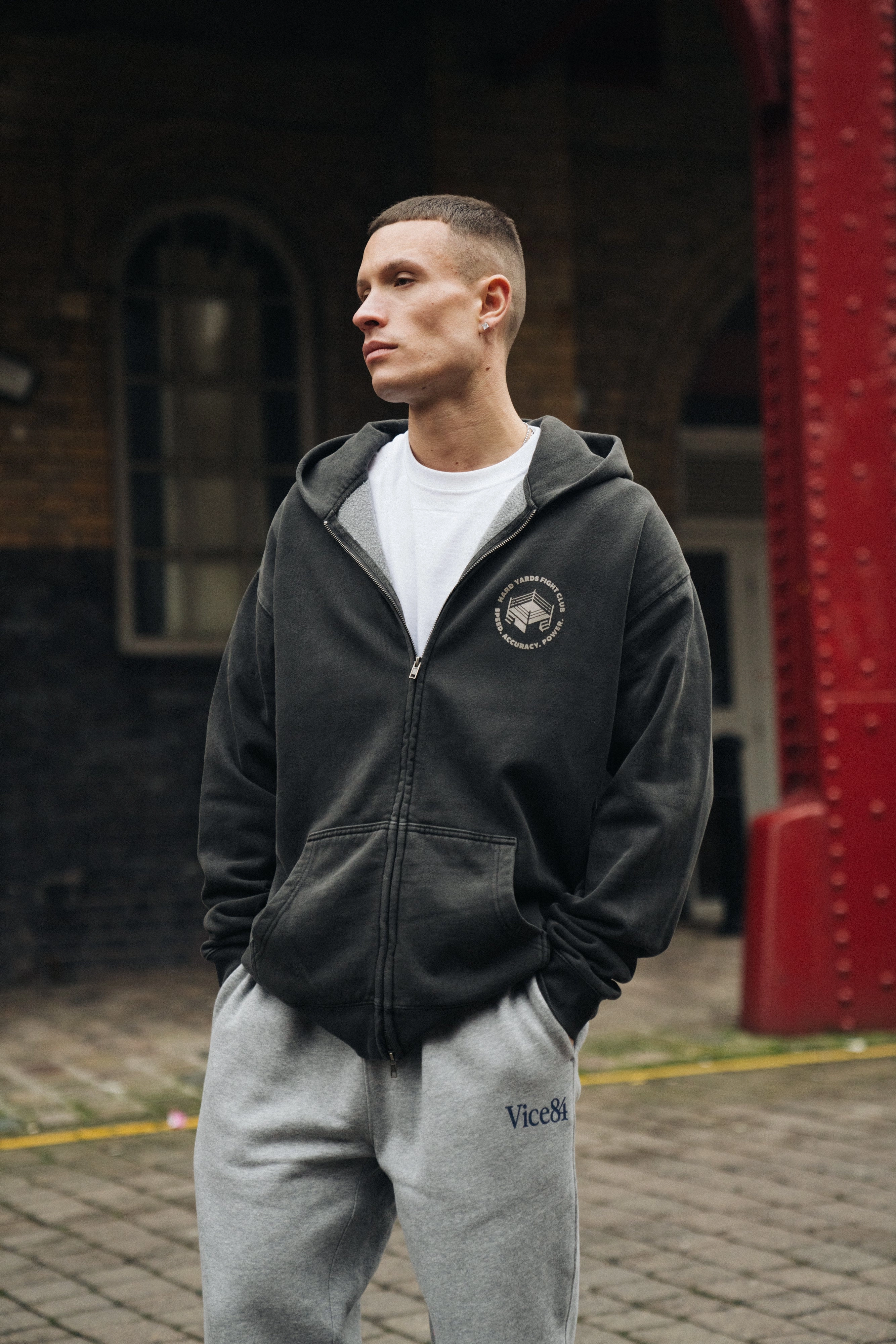 Vice 84 'Hard Yards' Faded Zip Up Hoodie - Black Faux Suede