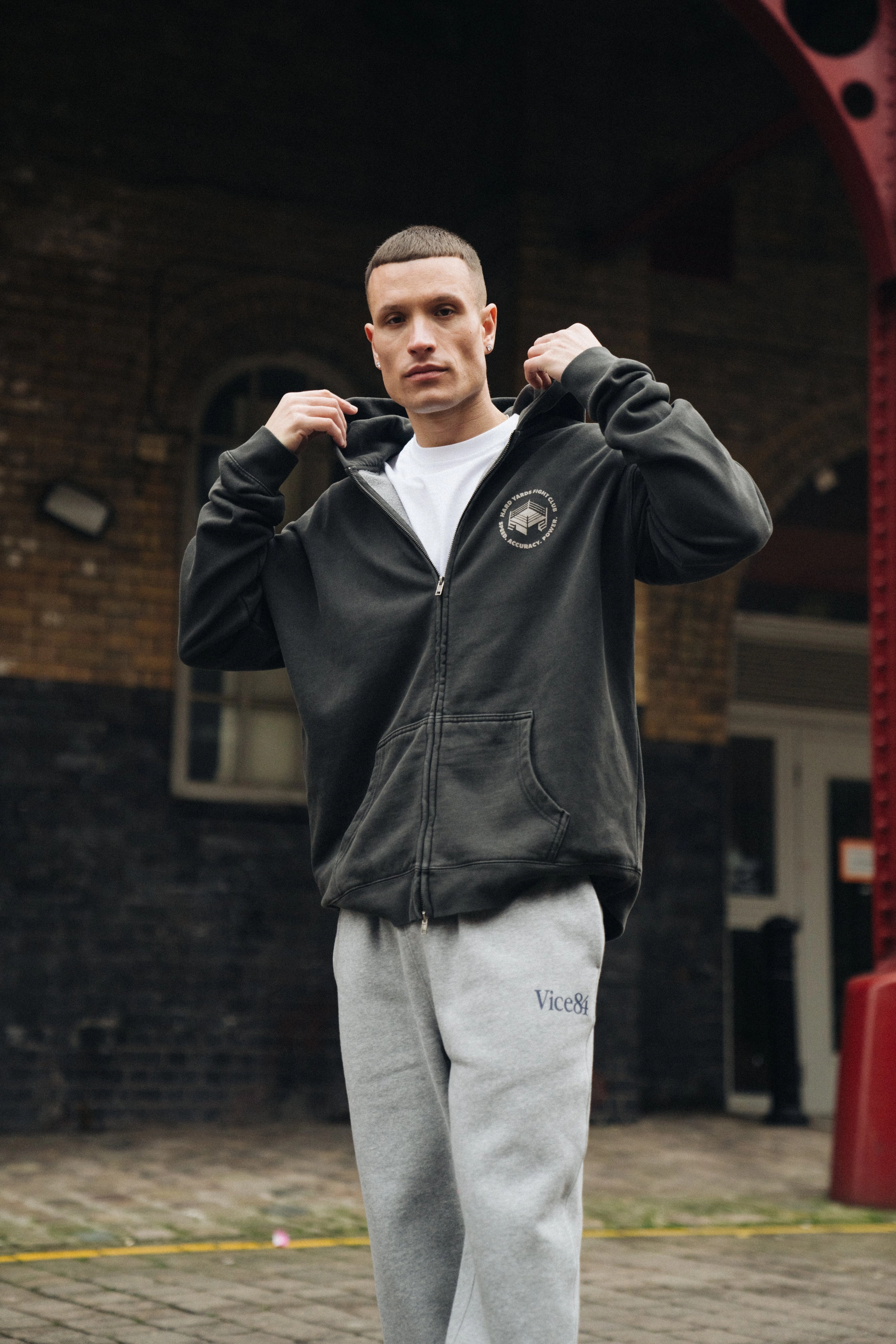 Sustainable fashion Compact Ribbed Cuffs Vice 84 'Hard Yards' Faded Zip Up Hoodie - Black