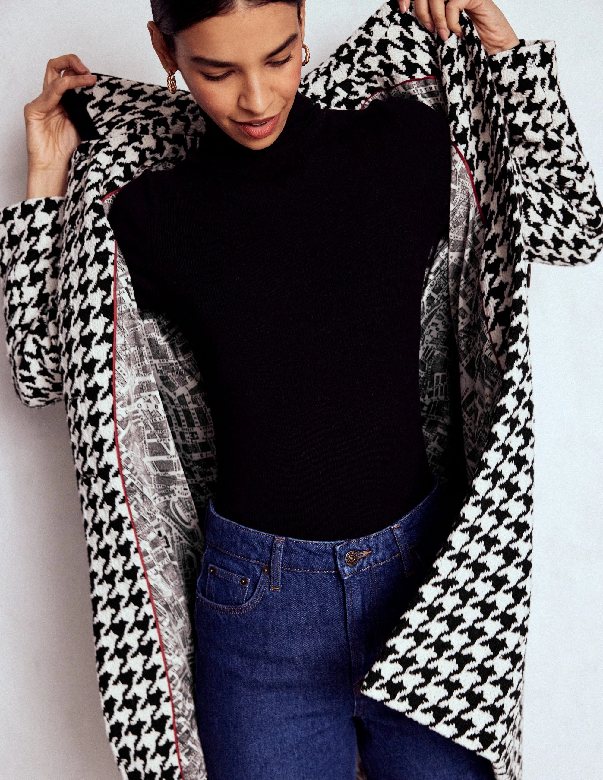Edinburgh Swing Coat-Black Dogstooth Rainy Day Option ReversibleStyle