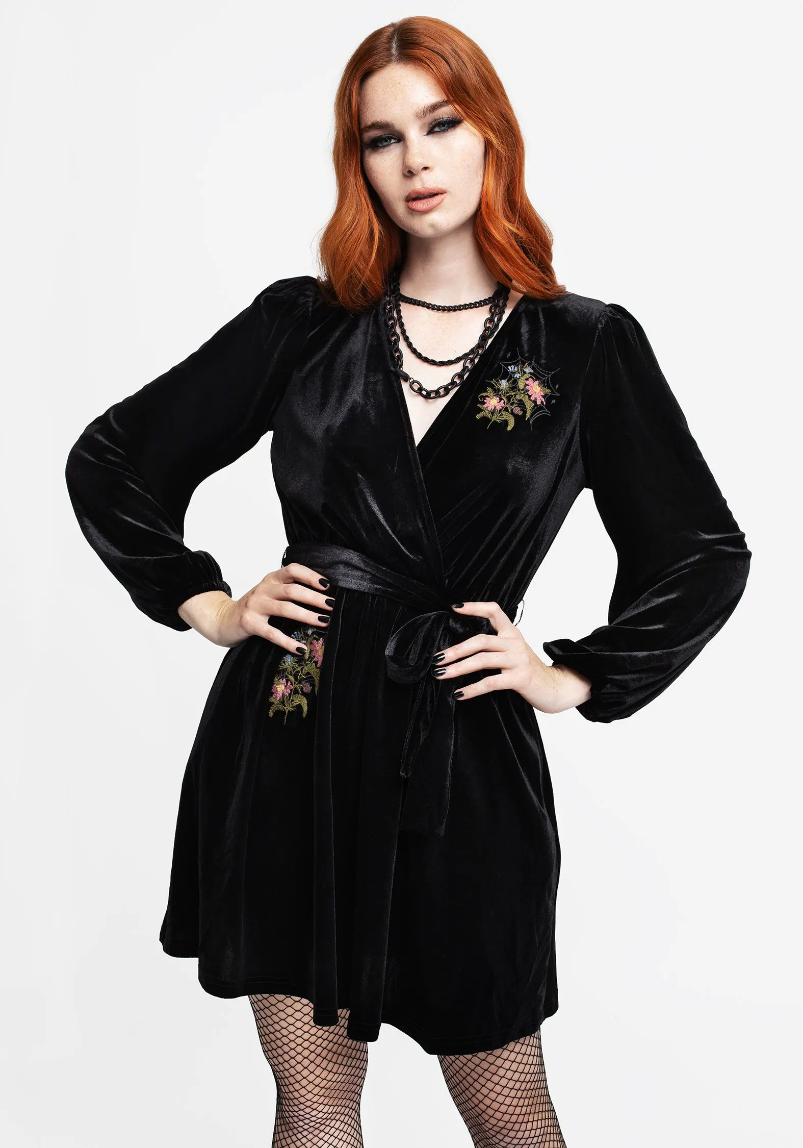 Cleome Floral Spiderweb Embroidered Velour Faux Wrap Mini Dress Cozy Layer