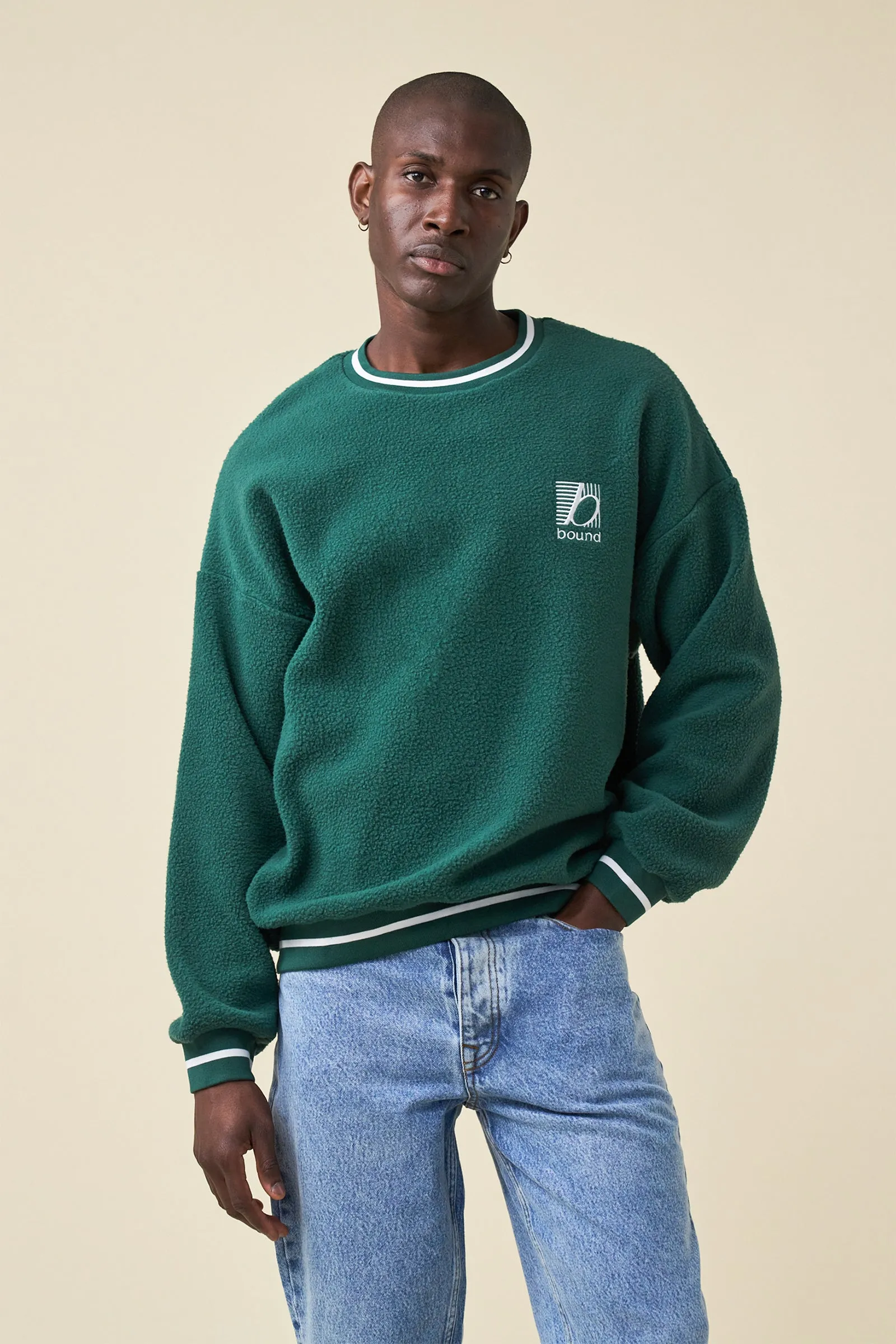 bound Reverse Fleece Grid Sweater - Bottle Green Comfy Layered Wear