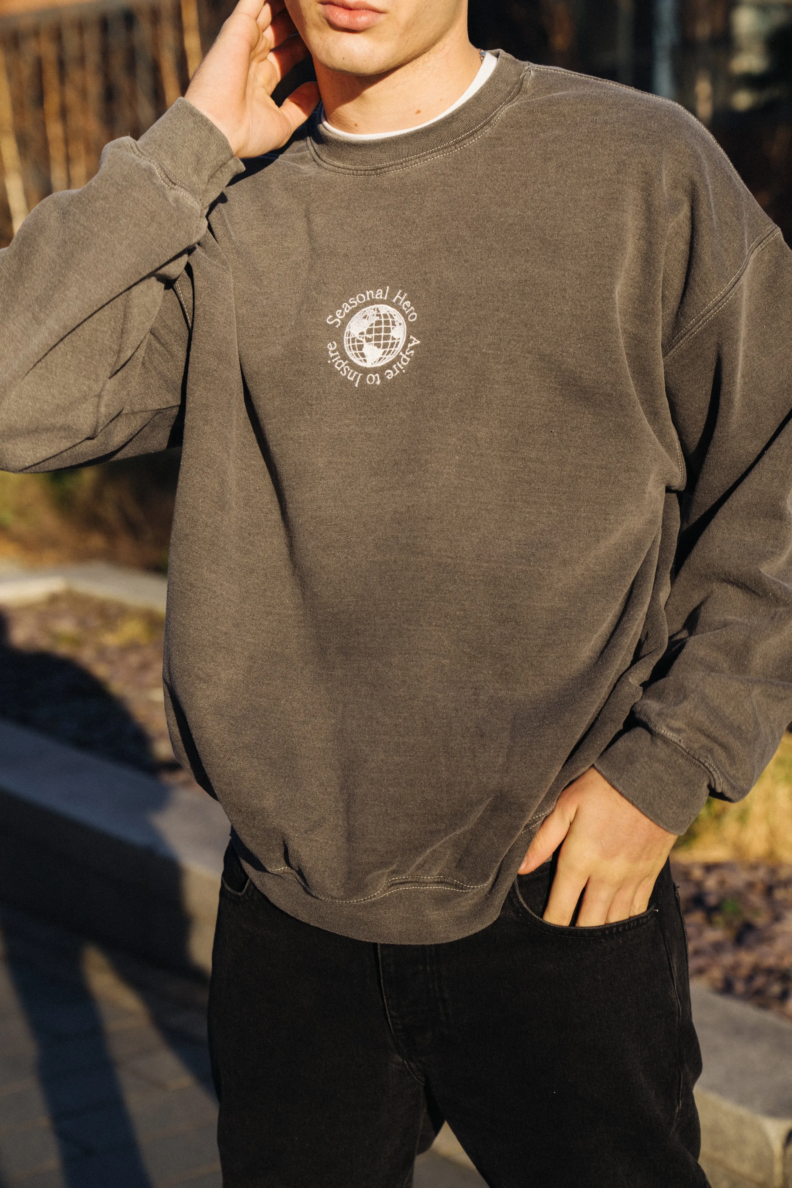 Seasonal Hero 'Aspire' Embroidered  Vintage Washed Sweater - Charcoal Cozy Piece Thermal regulation