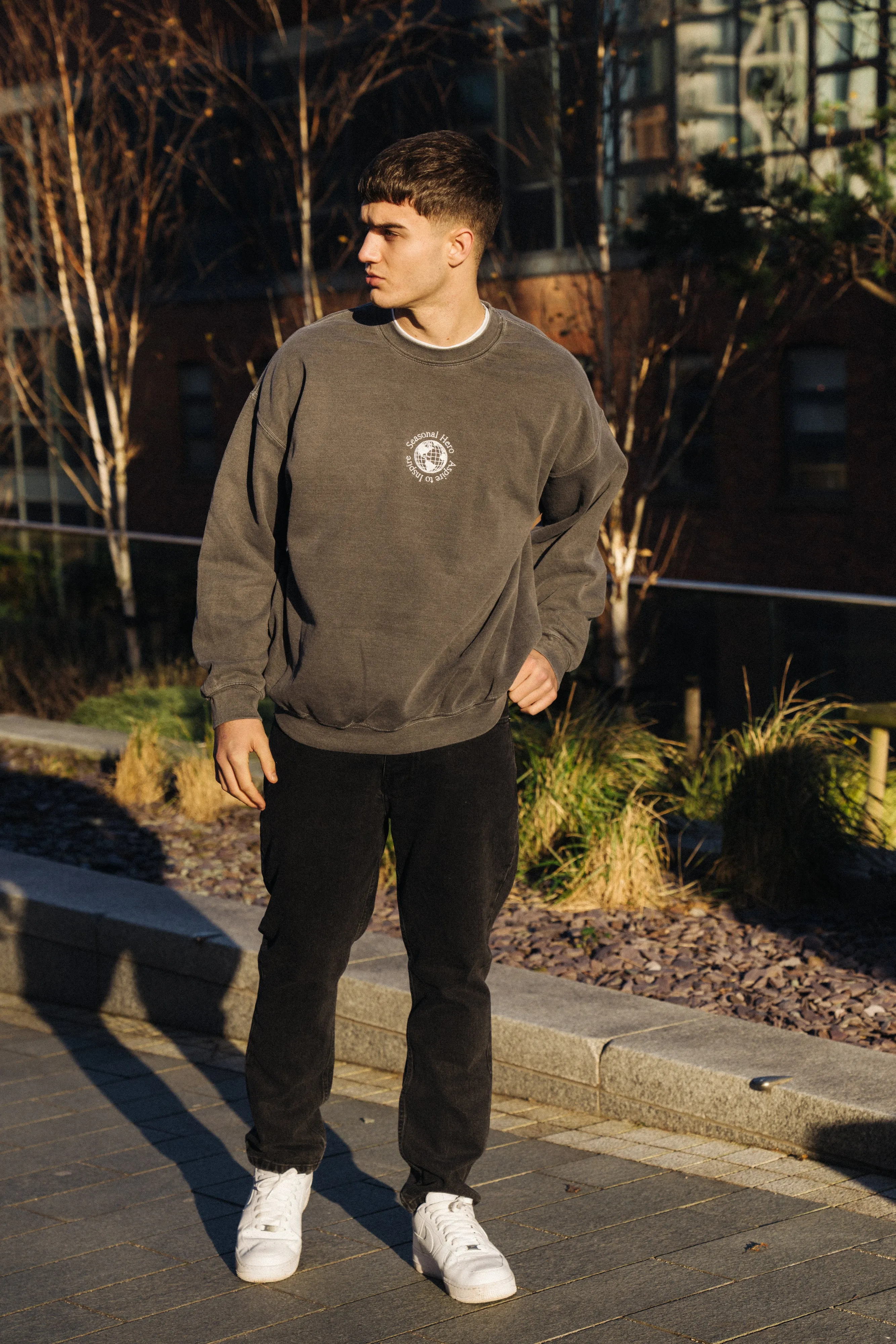 Seasonal Hero 'Aspire' Embroidered  Vintage Washed Sweater - Charcoal Effortless Knit Versatile Layers