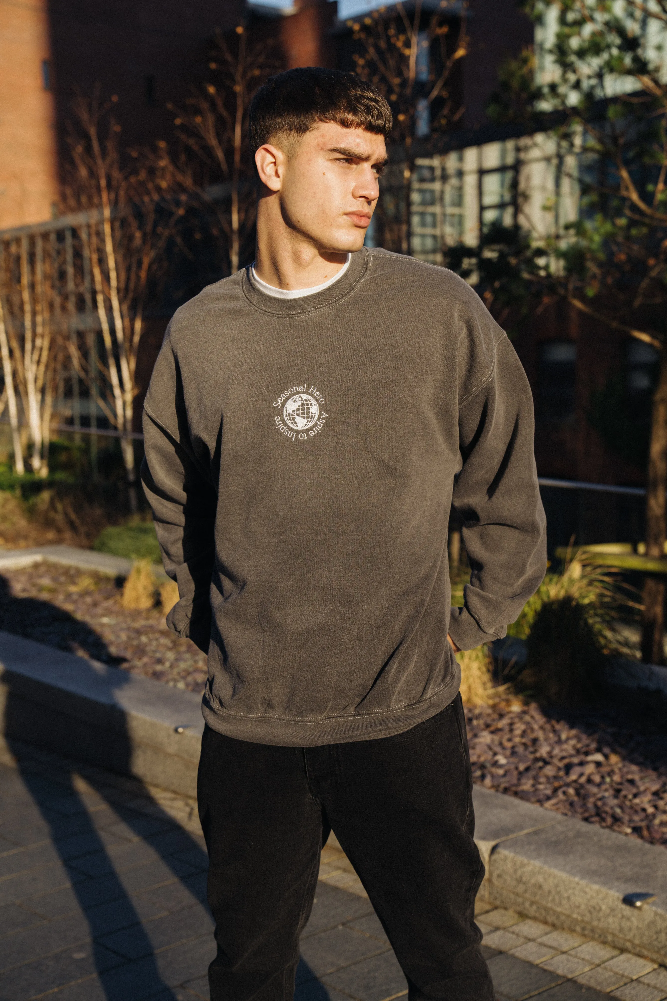 Simple Warmth Fashionable Layering Seasonal Hero 'Aspire' Embroidered  Vintage Washed Sweater - Charcoal