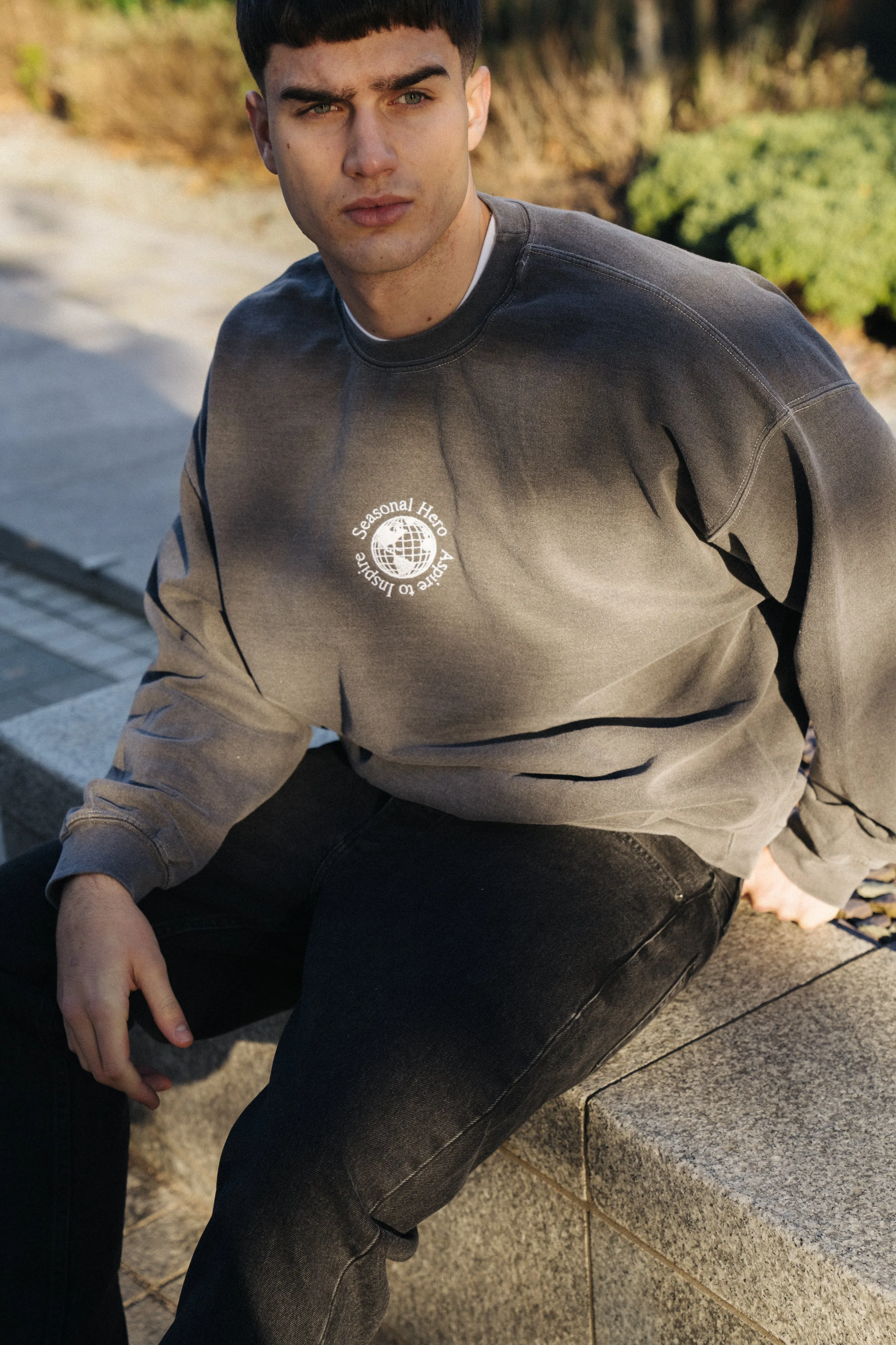 Thermal regulation Side Slit Design Seasonal Hero 'Aspire' Embroidered  Vintage Washed Sweater - Charcoal