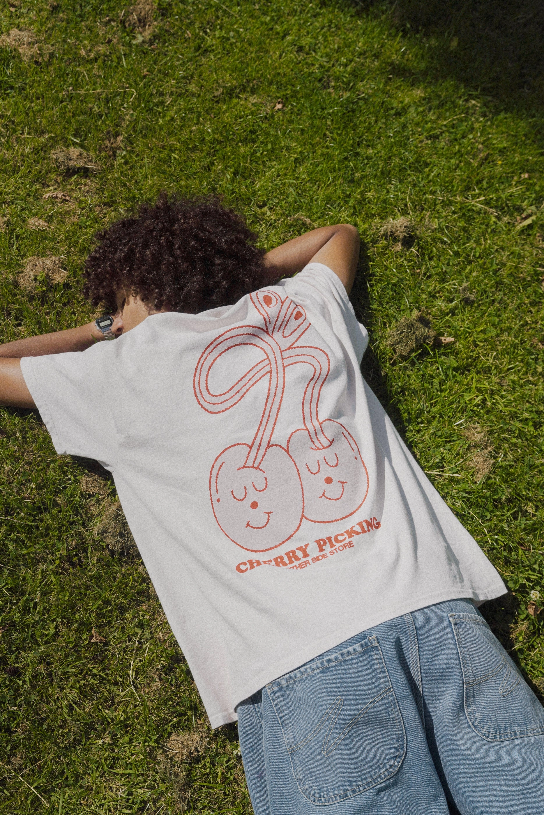 Other Side Store 'Cherry Picking' Vintage Washed Tee - Cream comfortable top Outdoor Leisure