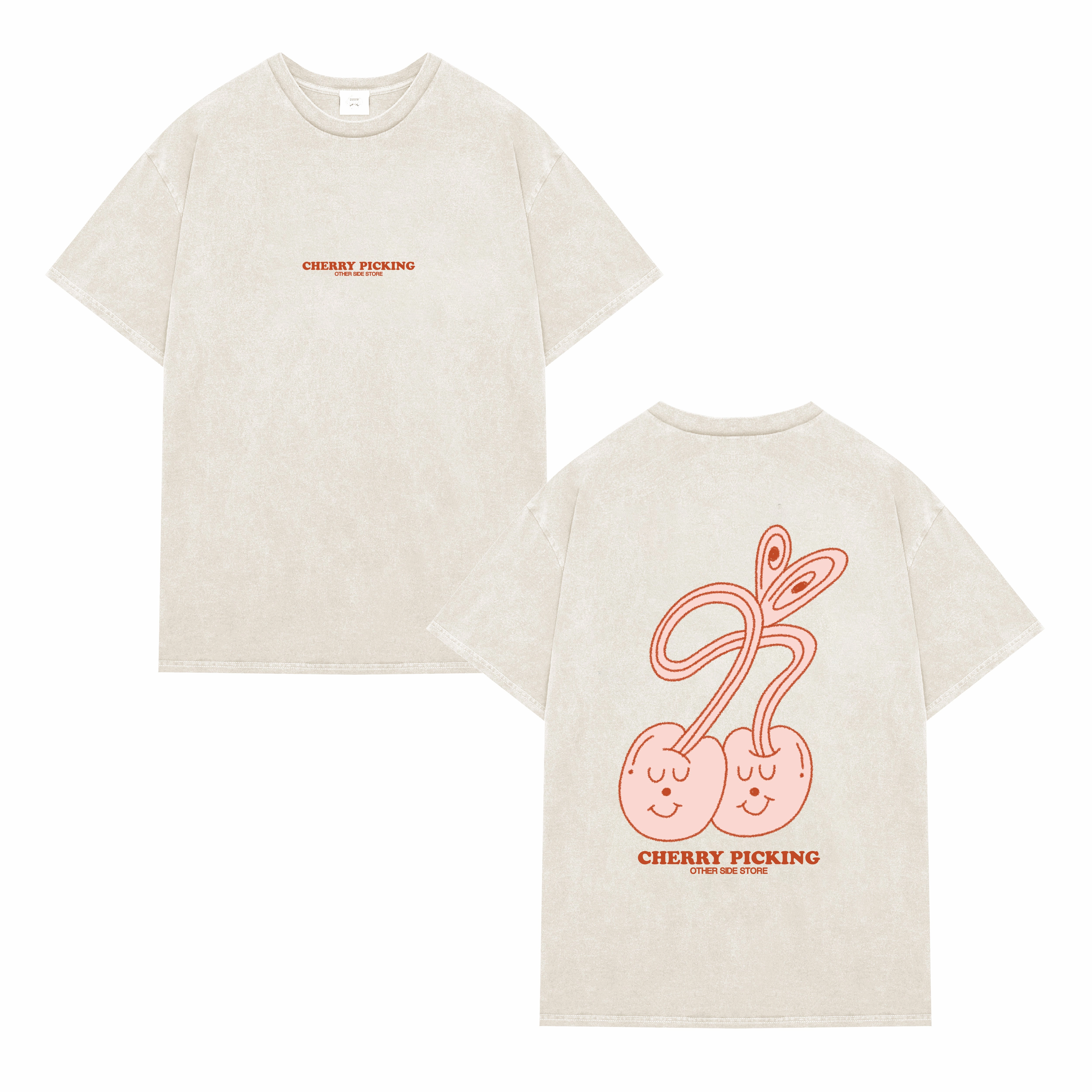 Light Style Other Side Store 'Cherry Picking' Vintage Washed Tee - Cream