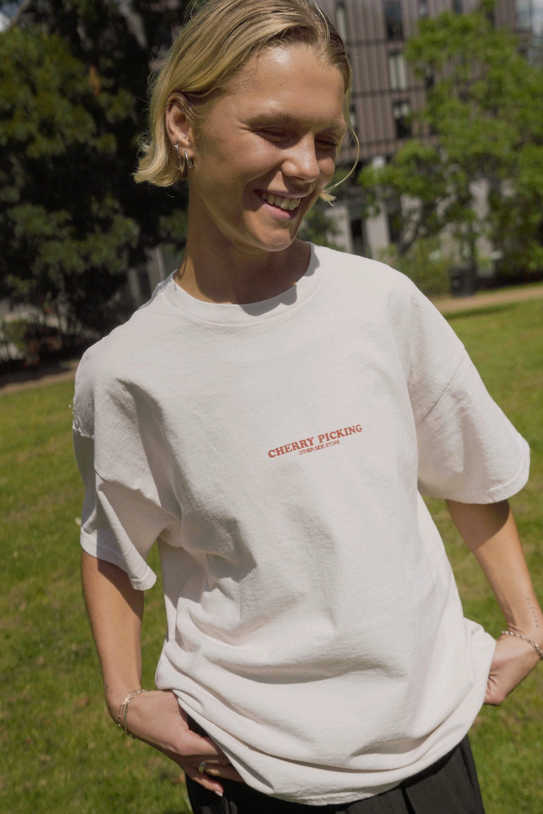 Light and Breezy Other Side Store 'Cherry Picking' Vintage Washed Tee - Cream