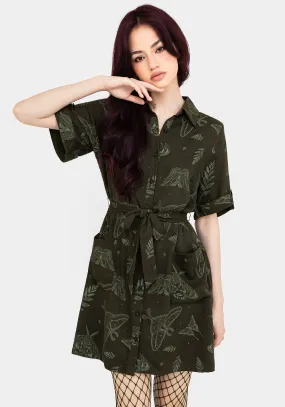 Callopistria Moth Print Mini Shirt Dress - Green Casual Smart