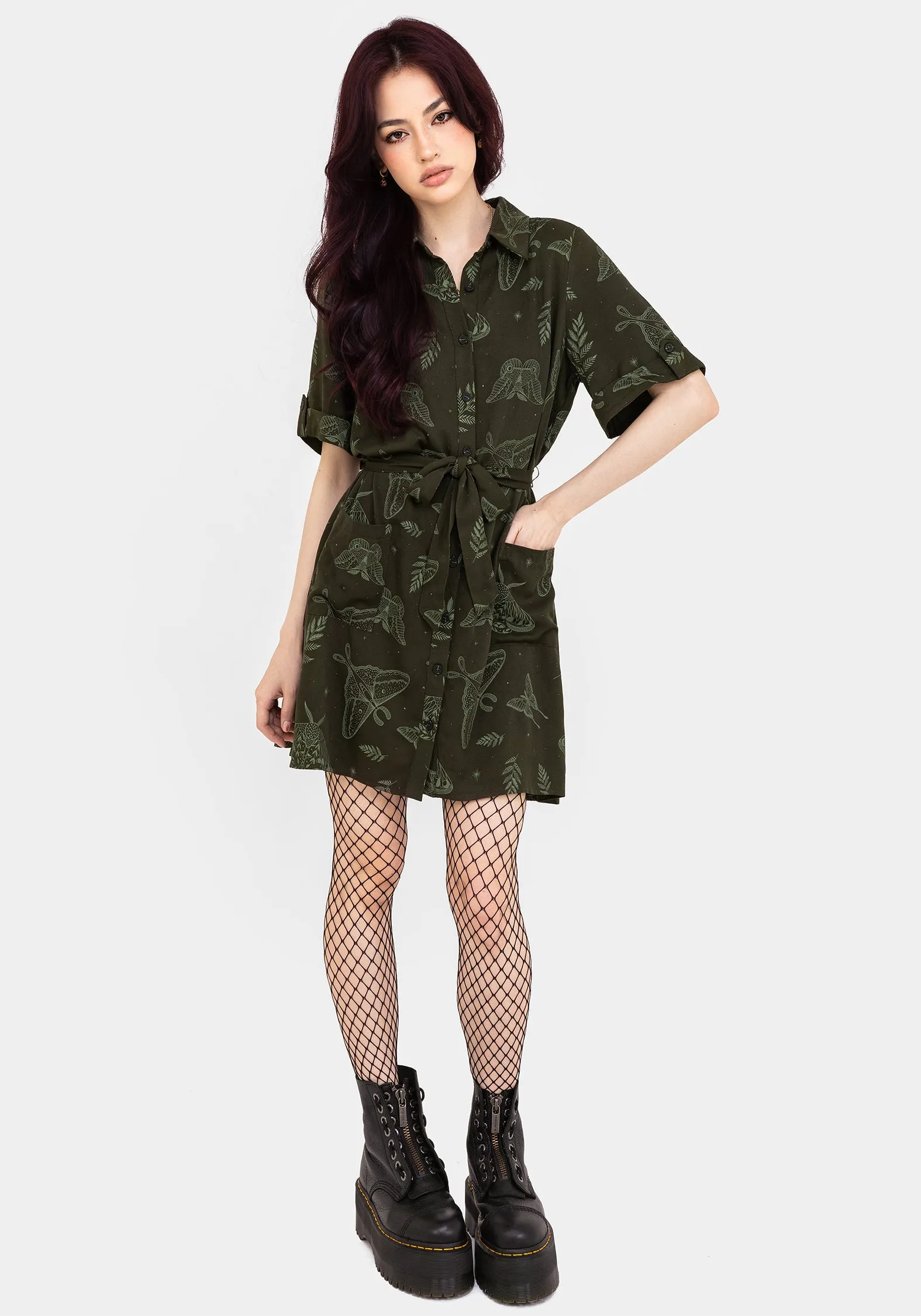 Lace Fine Sleek Form Callopistria Moth Print Mini Shirt Dress - Green