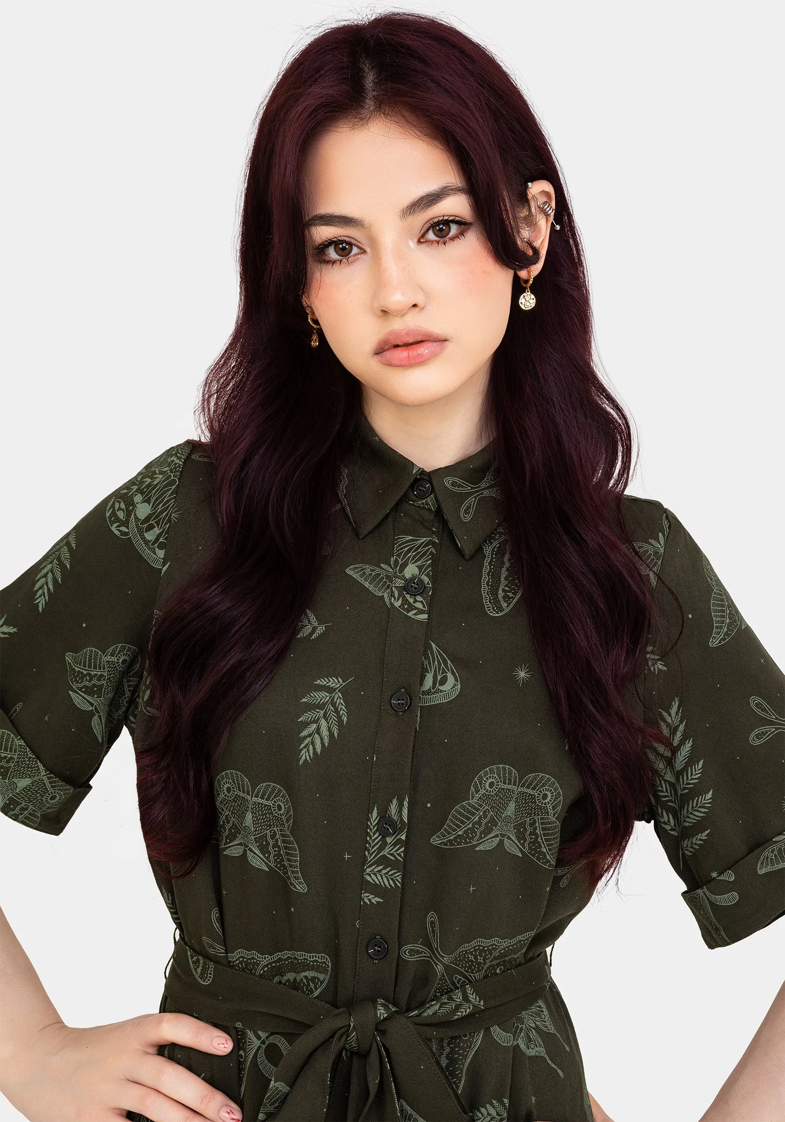 Anniversary-Event Callopistria Moth Print Mini Shirt Dress - Green