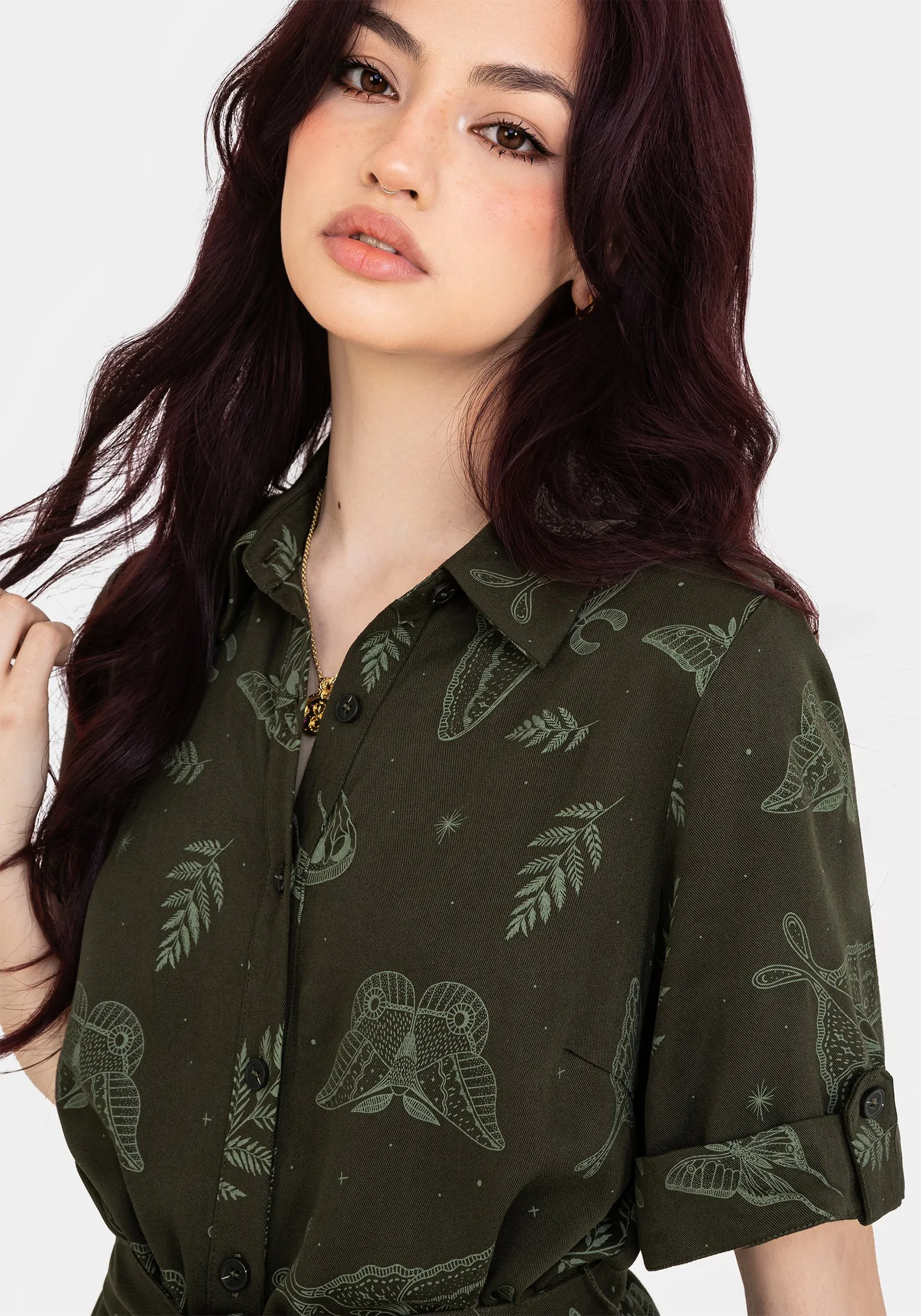 Callopistria Moth Print Mini Shirt Dress - Green Body Harmony