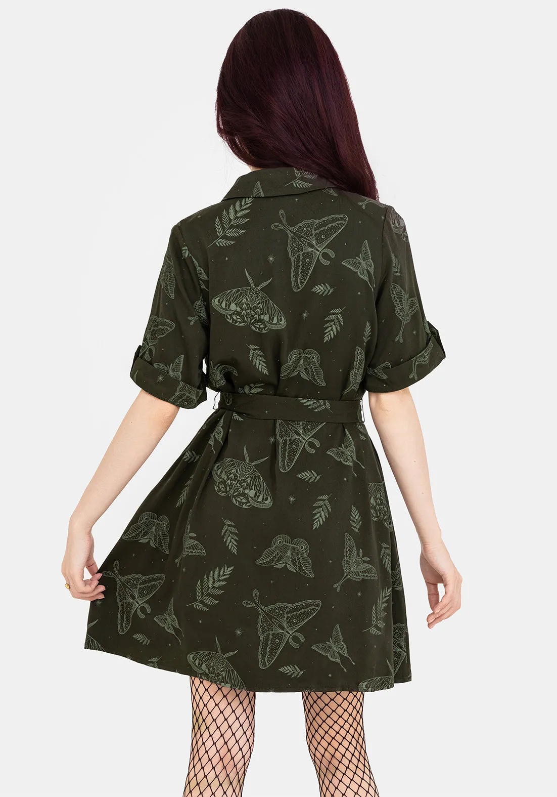 Slim Silhouette Shine Soft Callopistria Moth Print Mini Shirt Dress - Green