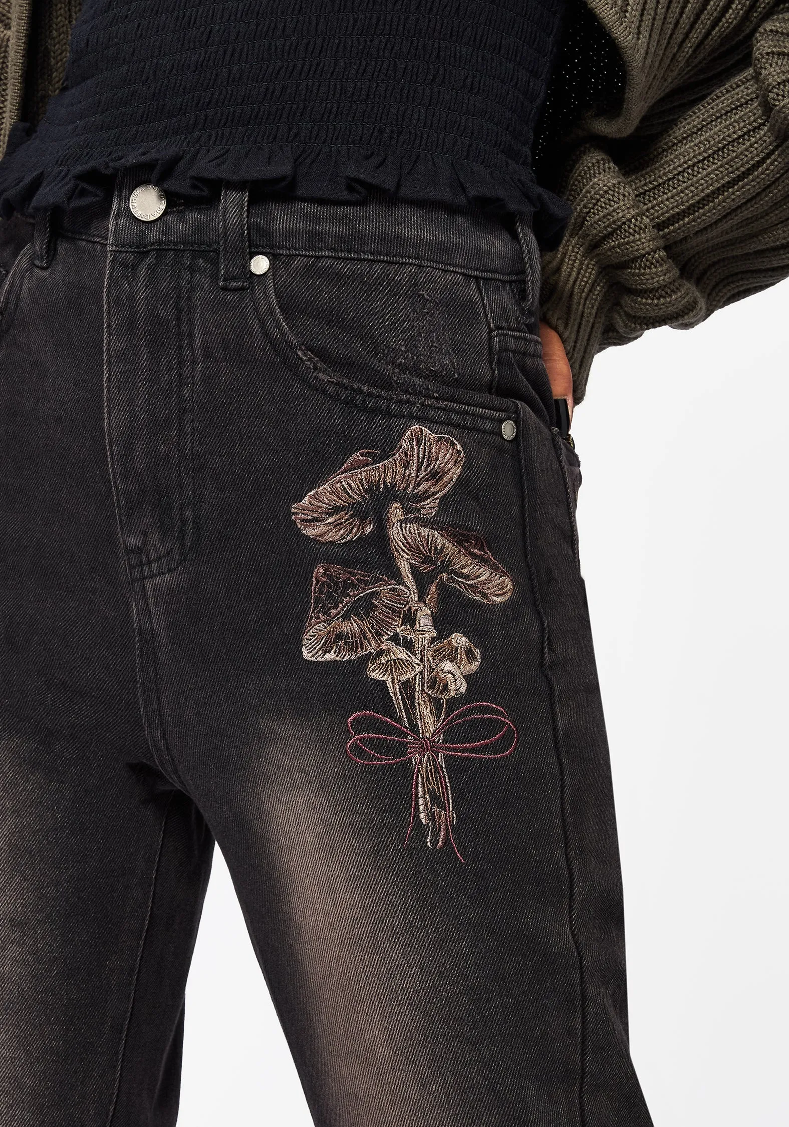 Valeria Floral Moth Embroidered Mom Jeans FadeResistantTreatment