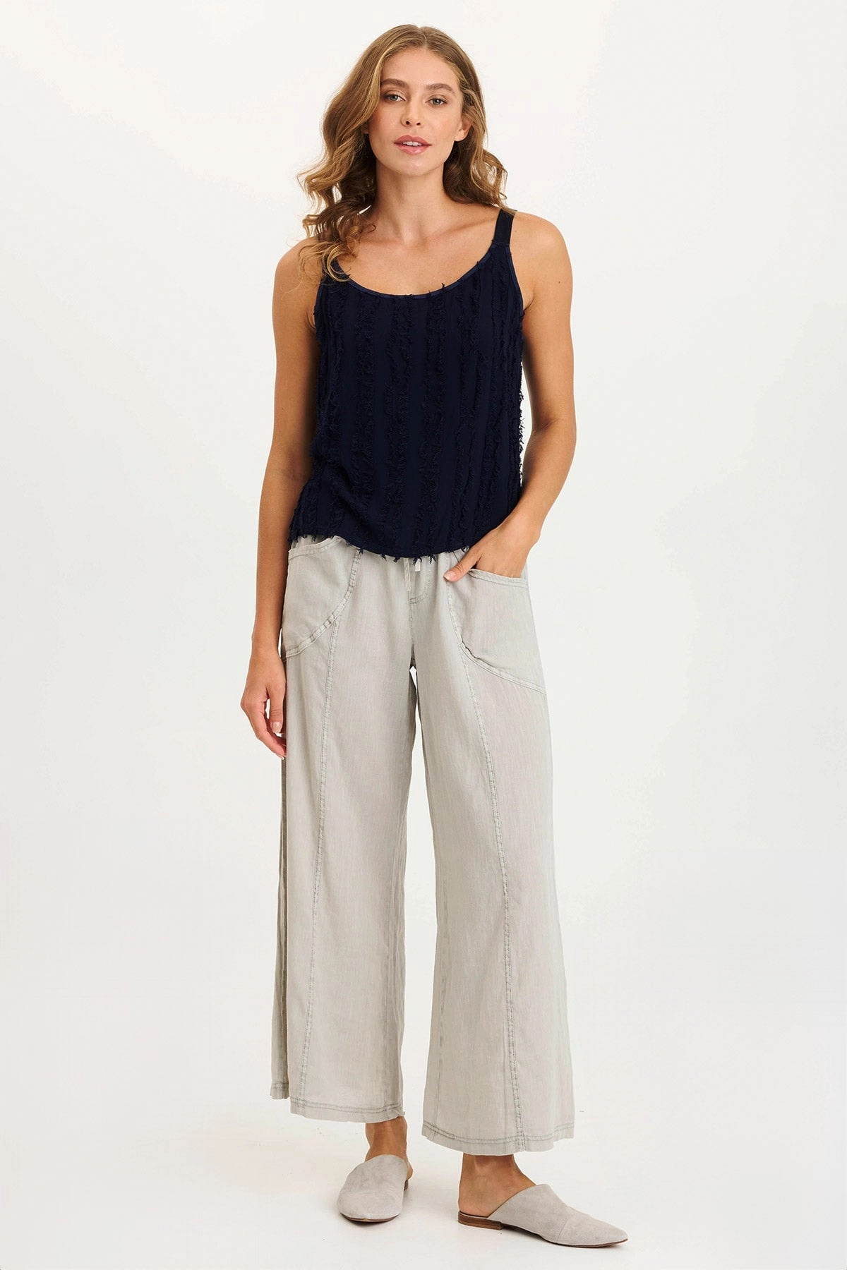 Zip-off legs Adjustable Drawcord Pia Paper-Bag Waist Linen Wide Leg Pant