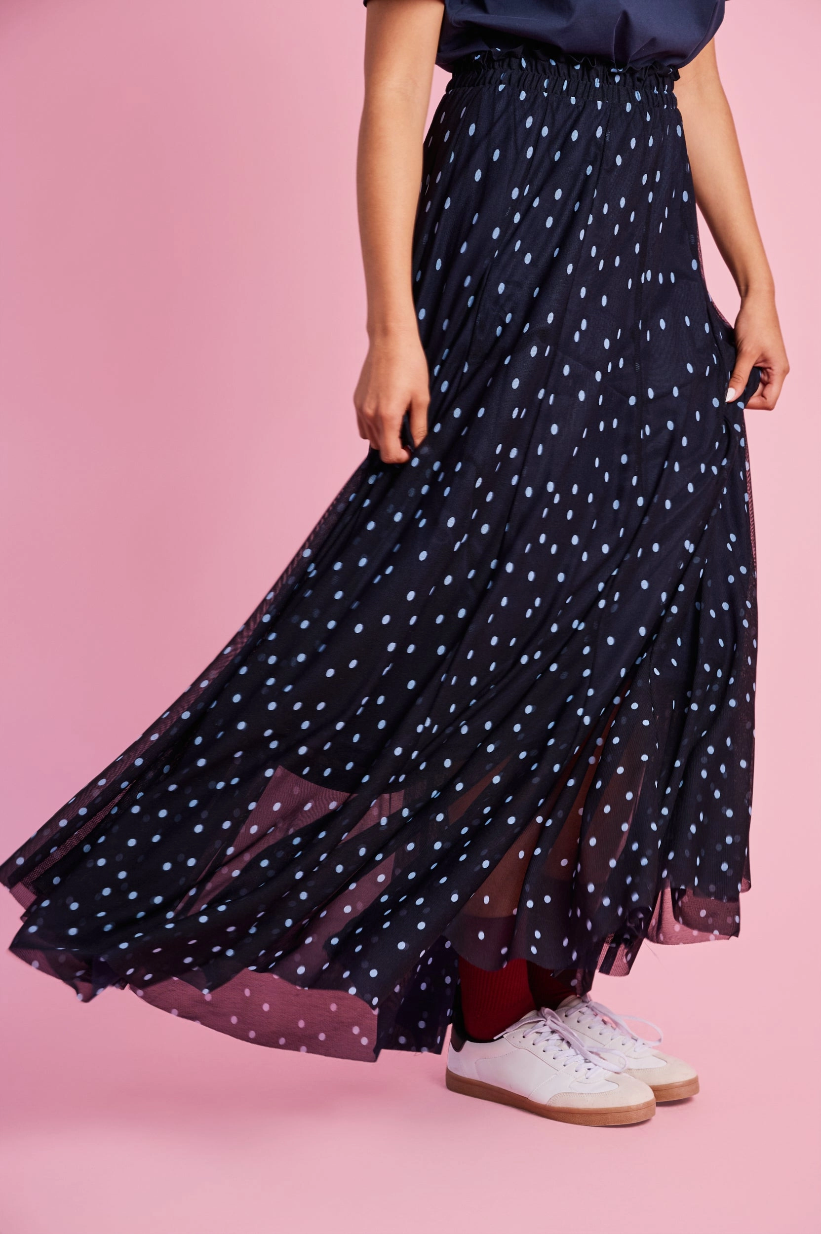Panelled Lined Mesh Skirt in Blue Spot Satin feel