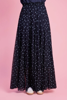 Panelled Lined Mesh Skirt in Blue Spot flowy silhouette