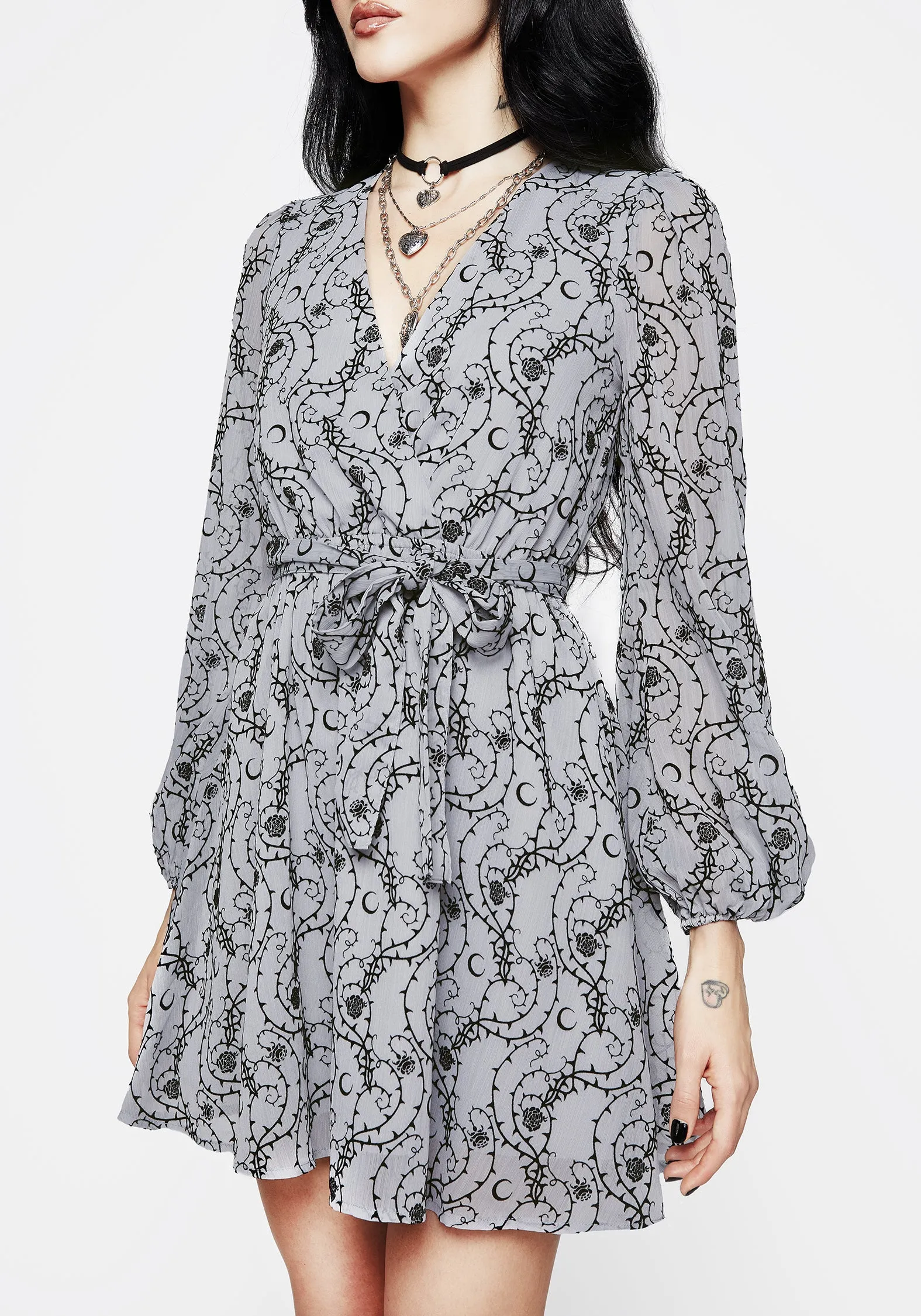 Rosethorn Flocked Velour Chiffon Faux Wrap Mini Dress - Blue Lightweight Comfort Layered Look