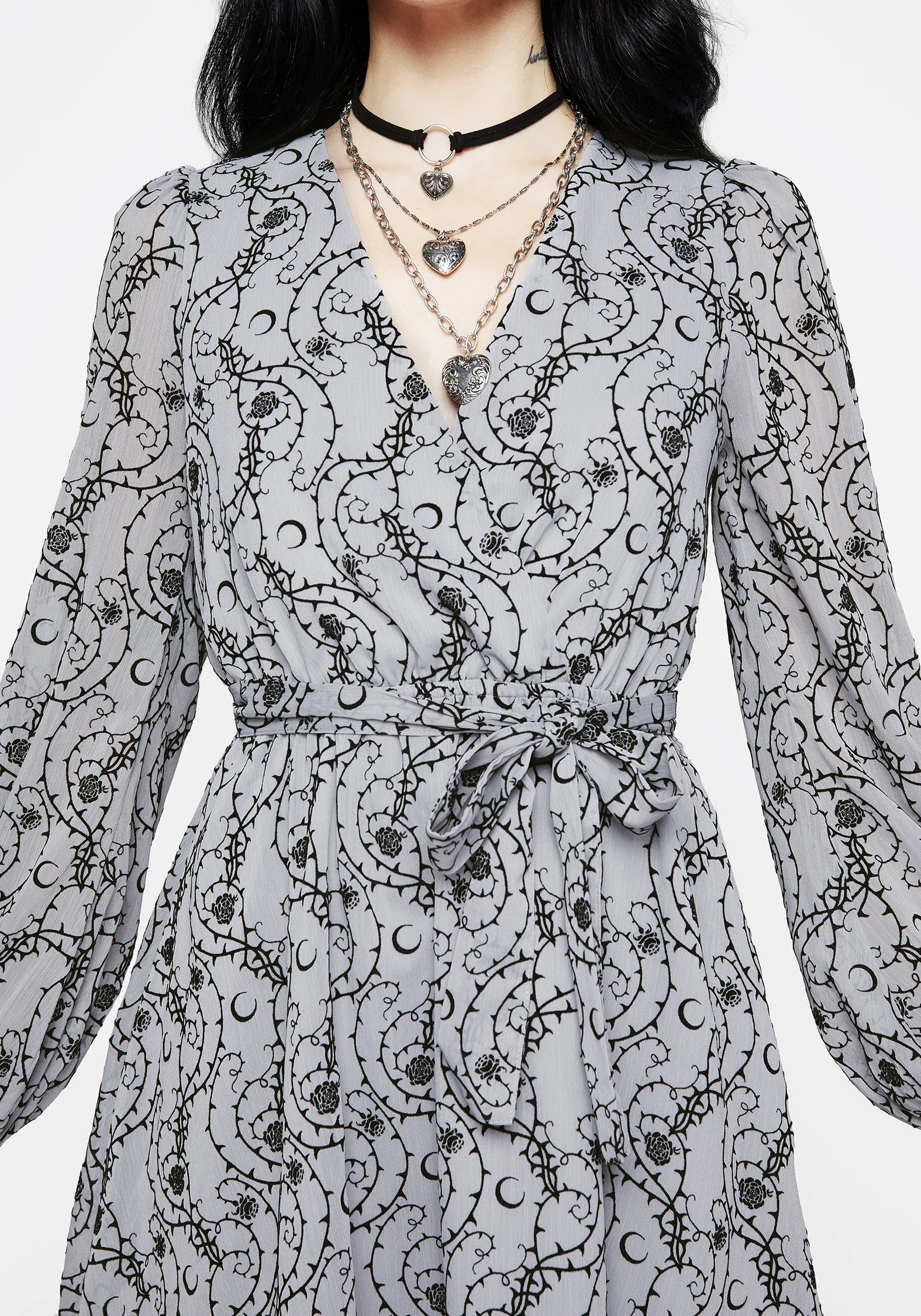 Rosethorn Flocked Velour Chiffon Faux Wrap Mini Dress - Blue Balanced Tone Fall Silhouette