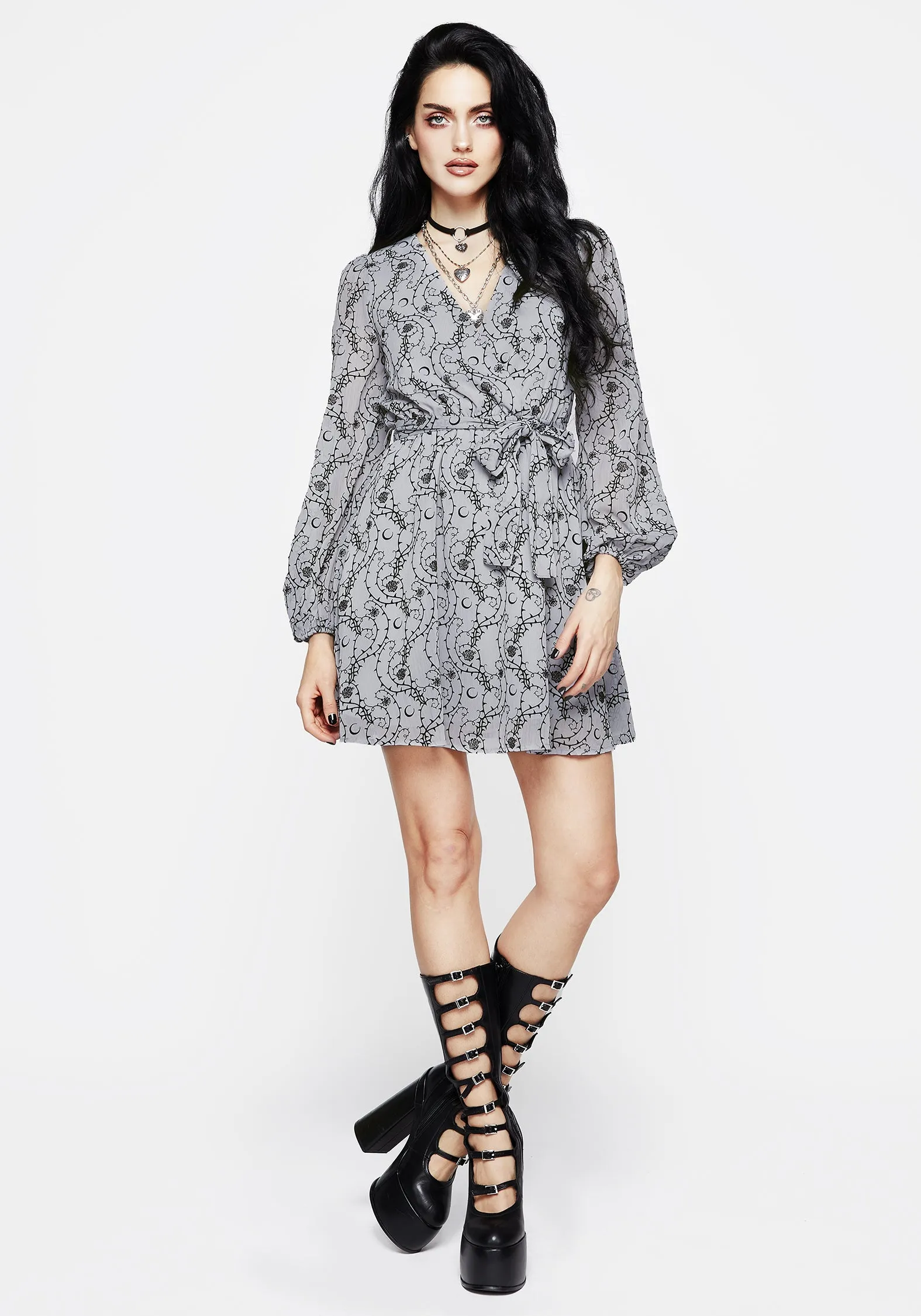 Rosethorn Flocked Velour Chiffon Faux Wrap Mini Dress - Blue Printed-Lining