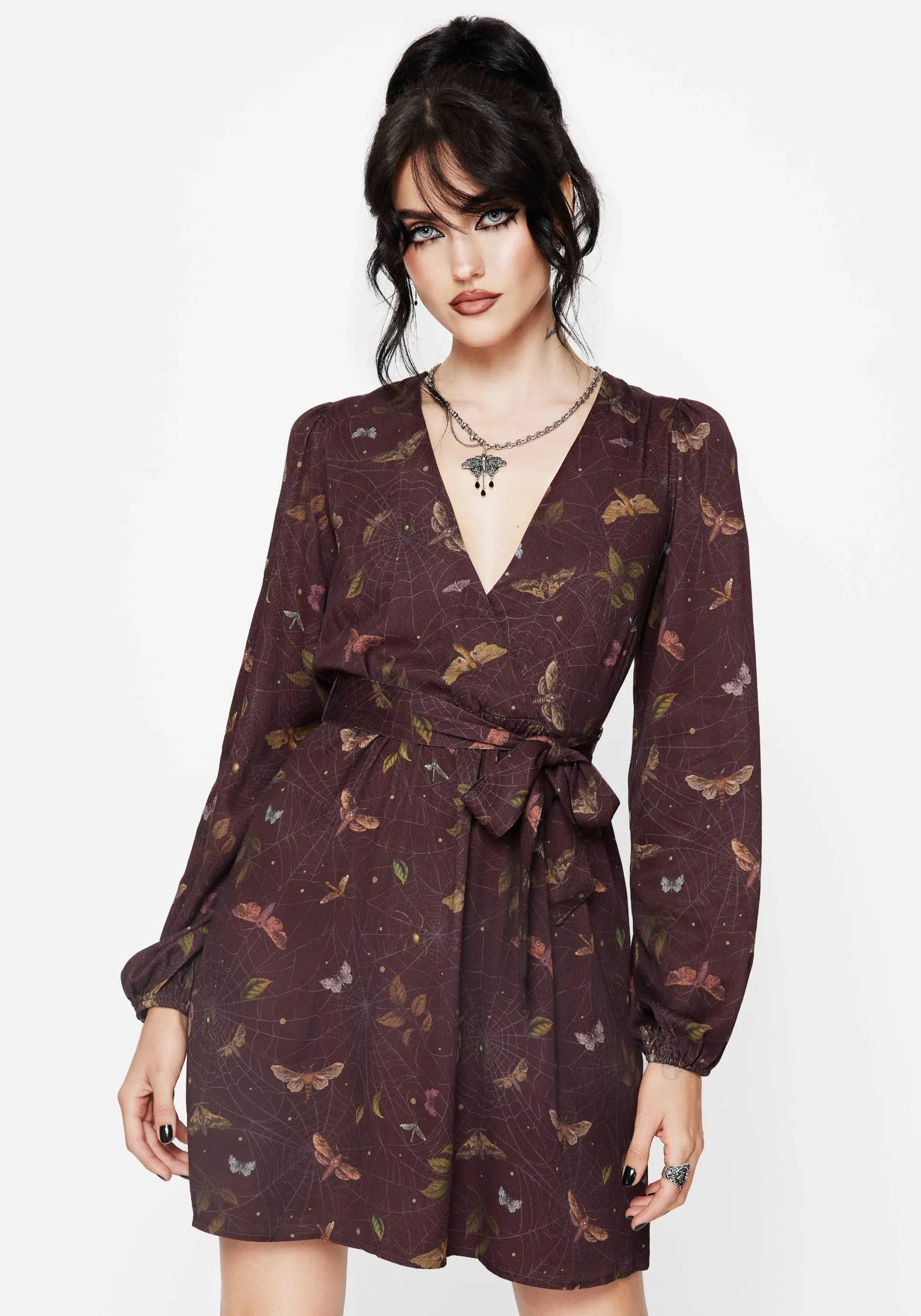 Flattering Look Wear Celia Moth Printed Mini Wrap Dress