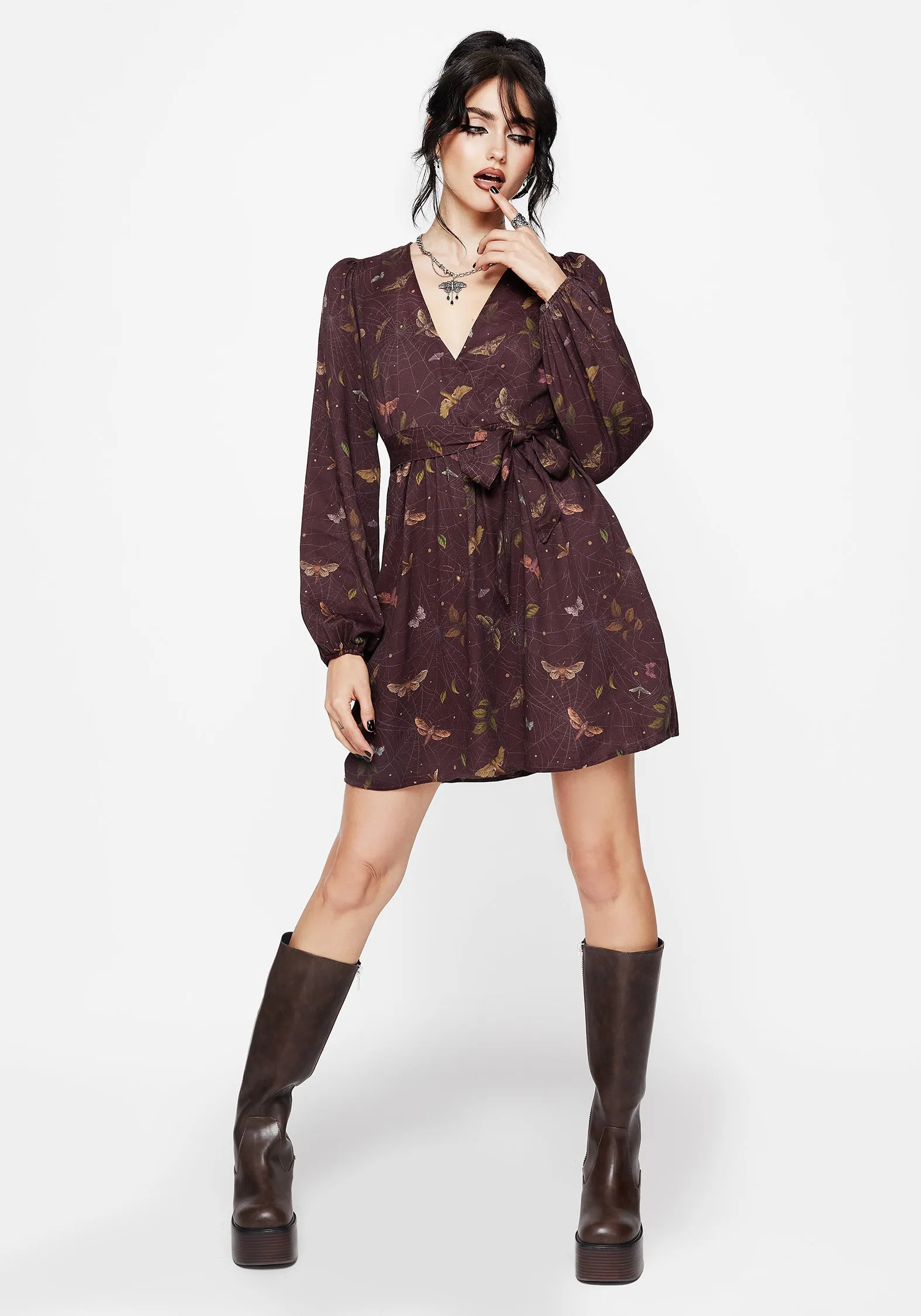 Elegant Everyday Celia Moth Printed Mini Wrap Dress