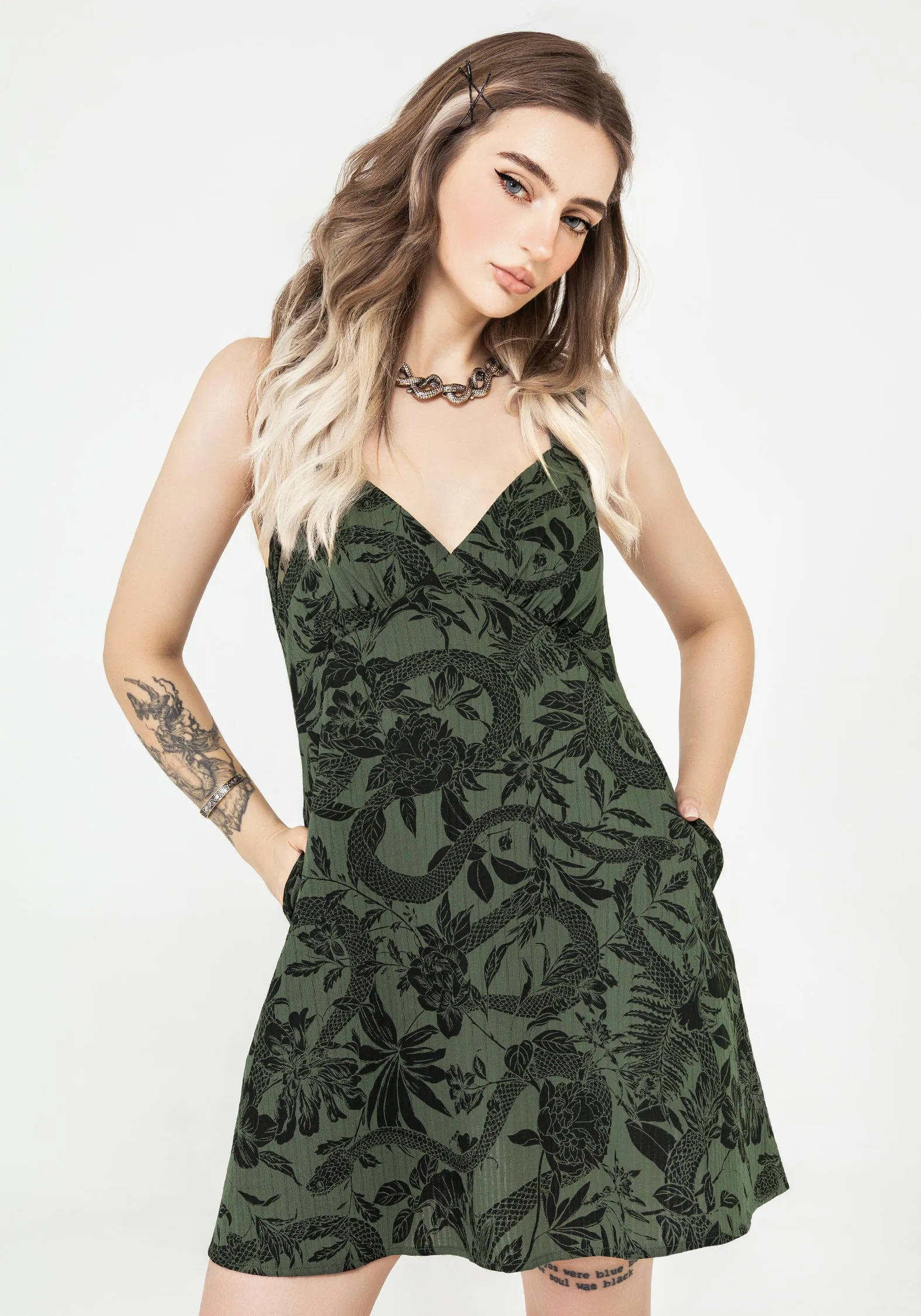 Bashe Cotton Mini Sun Dress - Green Draped Silhouette